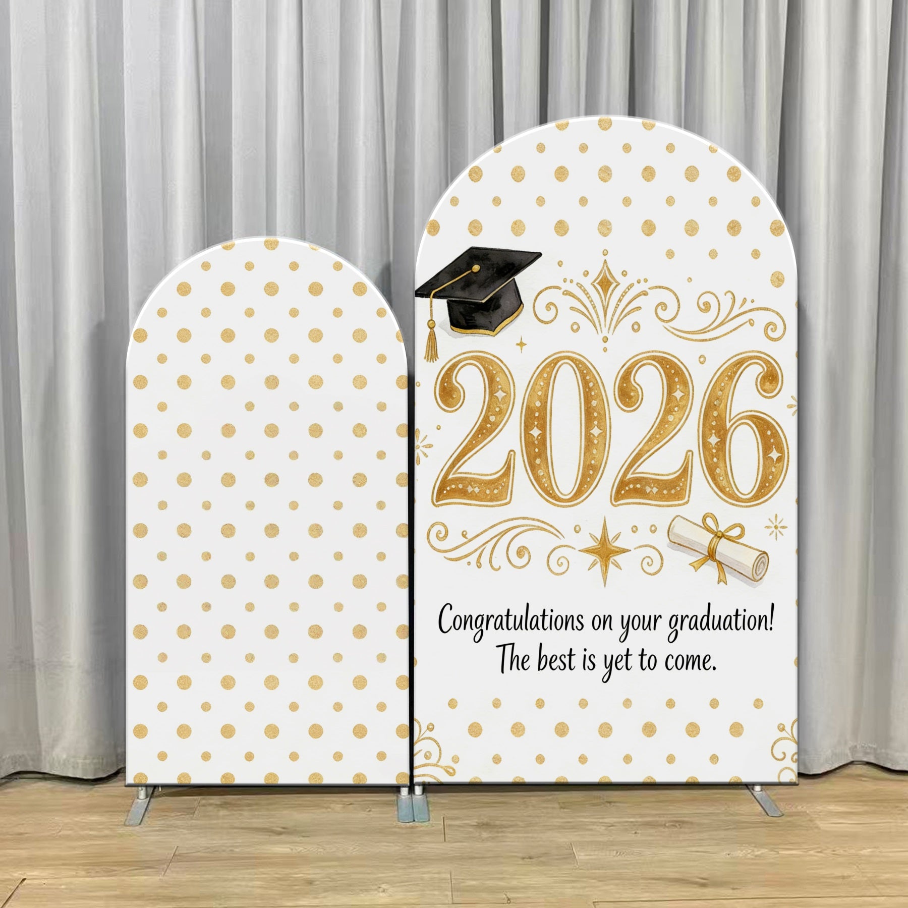 White Graduation Backdrop White Gold Polka Dot 2026 Arch Photo Backdrop Graduation CSH63-126