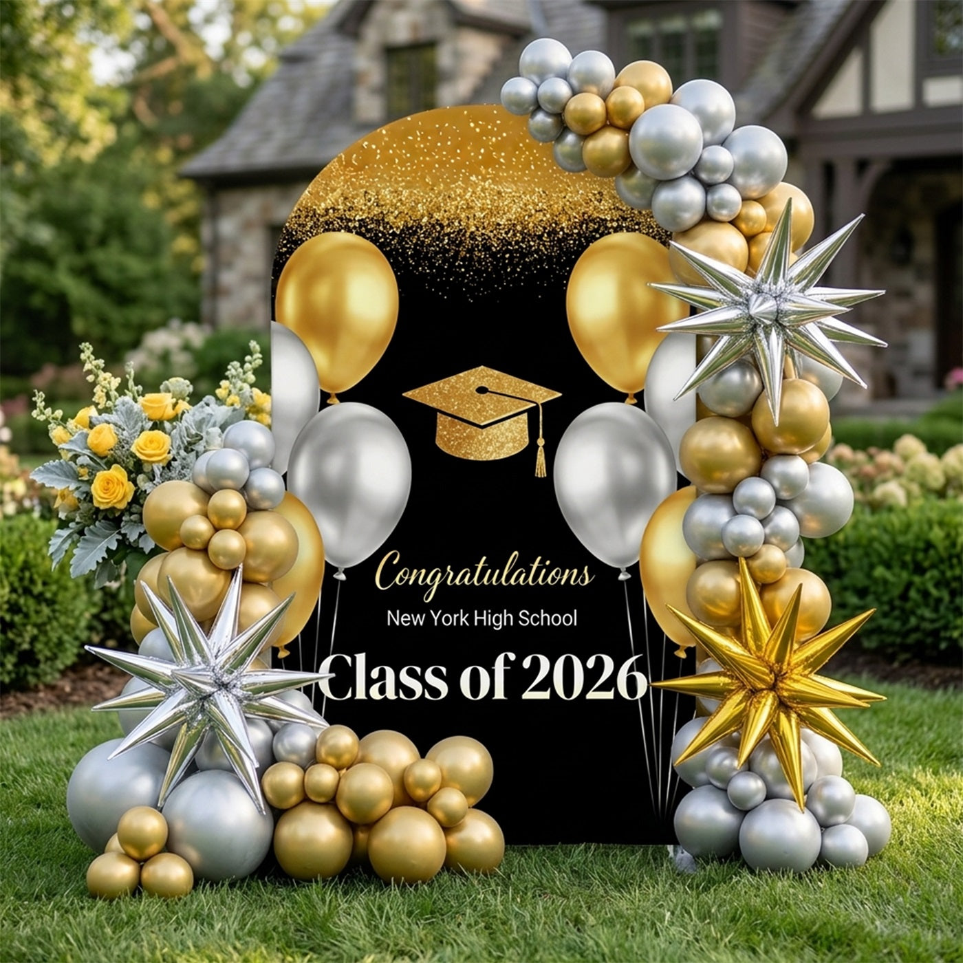 Minimalist Graduation Graduation Backdrop Black Gold Silver Balloon Arch Graduation Party Photo Backdrop CSH63-128