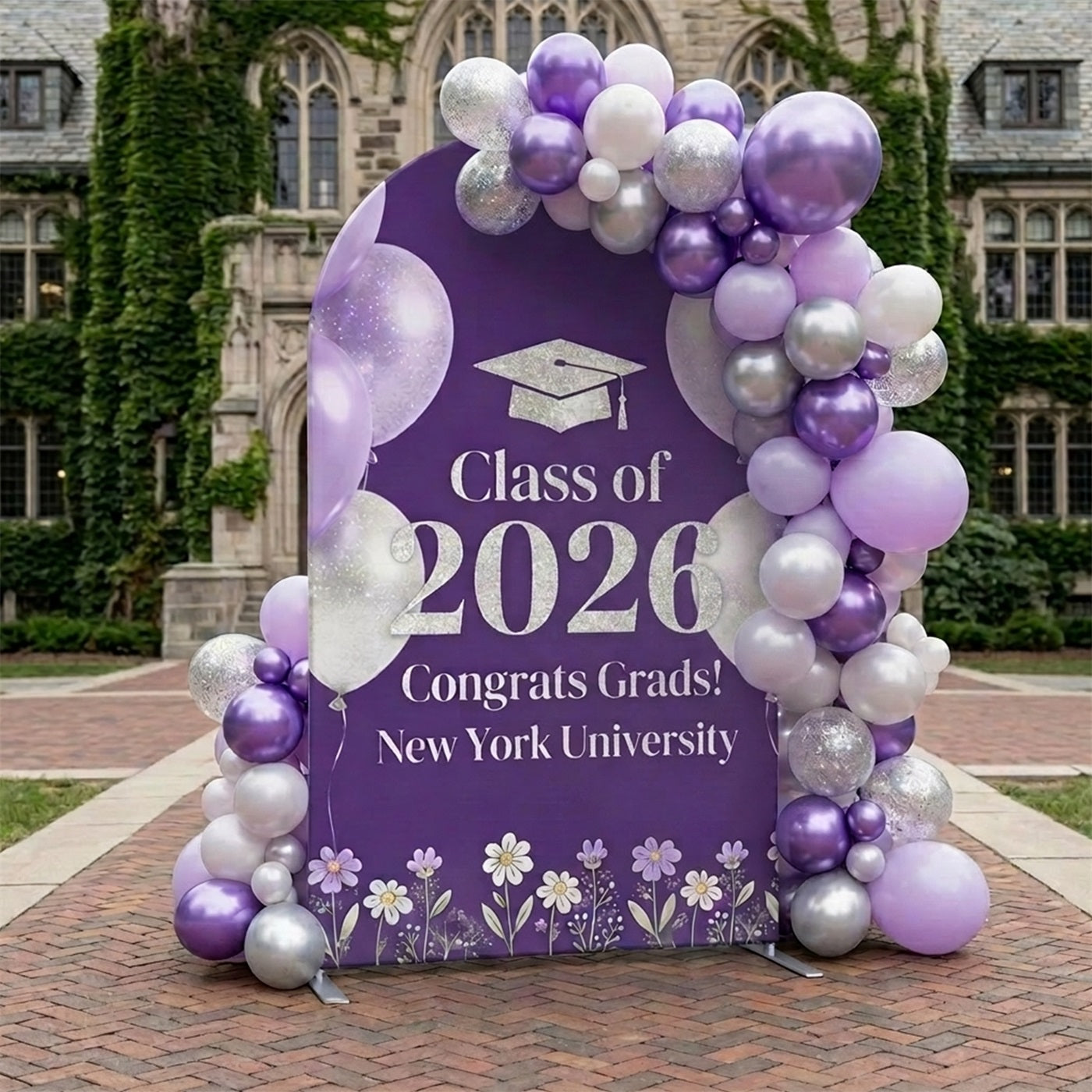 Yearbook Style Graduation Backdrop Purple Balloon Floral 2026 Arch Photo Backdrop For Graduation CSH63-131