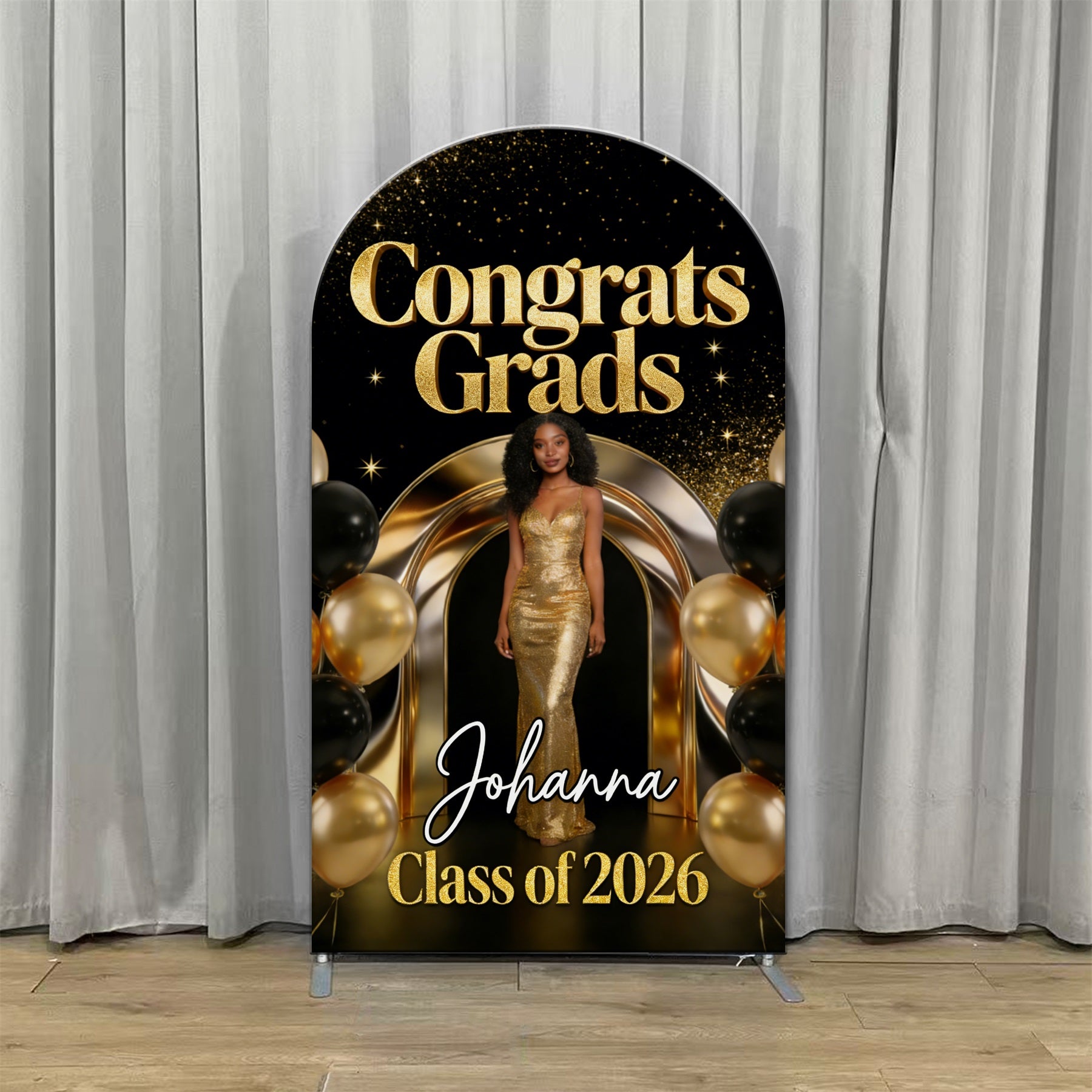 Balloon Arch Graduation Backdrop Black Gold Personalized Photo Arch Graduation Party Backdrops CSH63-132