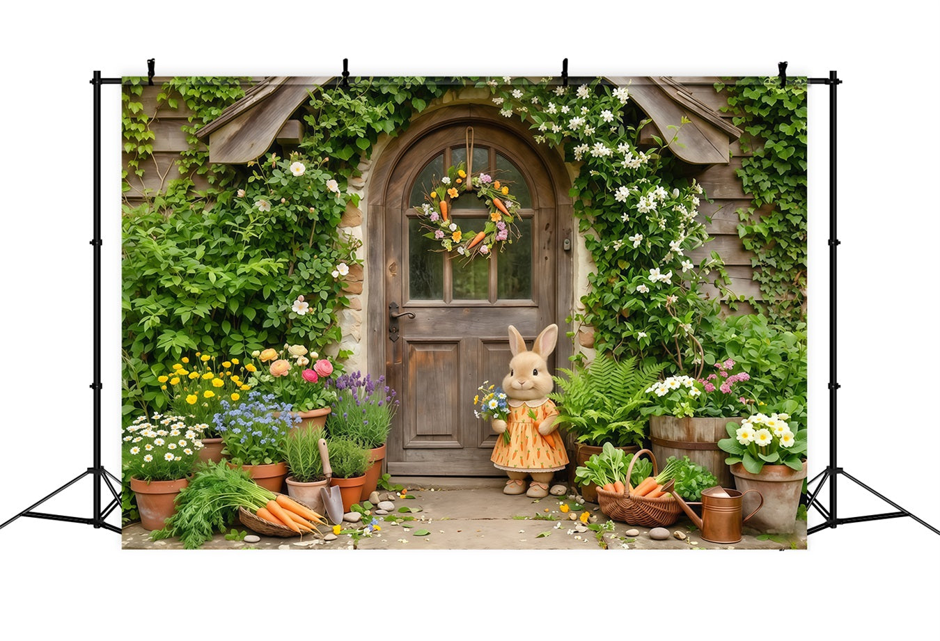 Easter Bunny Backdrop Cottage Door Flower Pots Easter Photography Backdrops For Sale CSH63-22