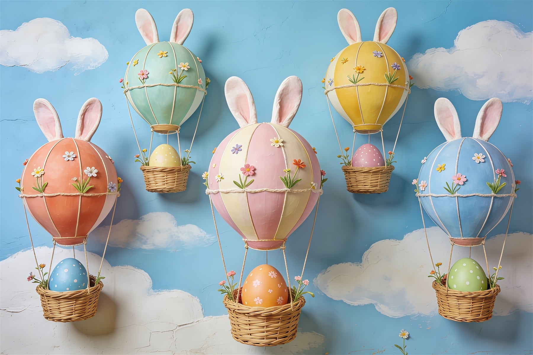 Easter Blue Sky Backdrop Bunny Ear Hot Air Egg Balloons Backdrop For Easter Pictures CSH63-26