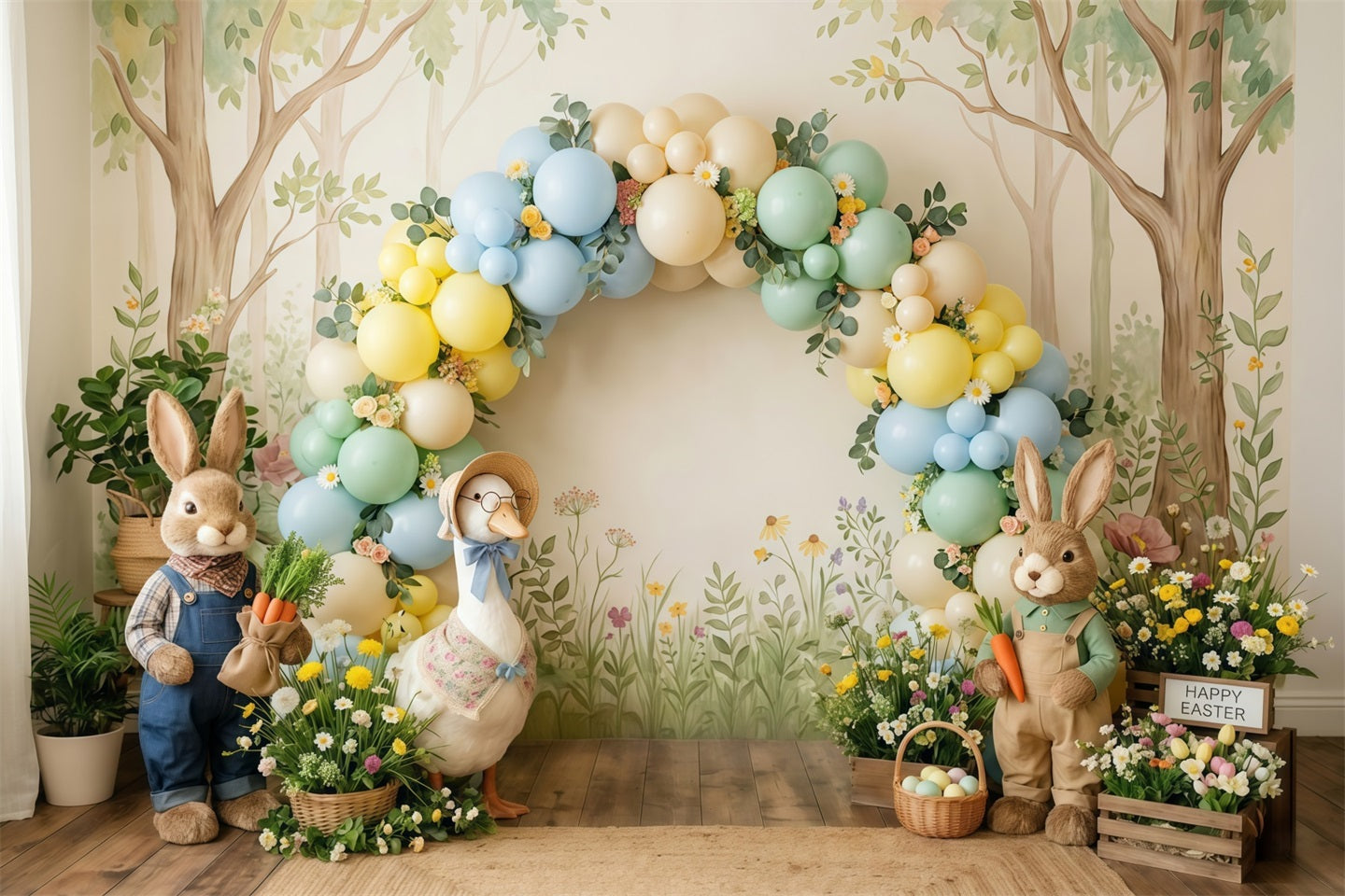 Easter Pastel Balloons Backdrop Bunny Duck Egg Basket Easter Backdrop Ideas CSH63-4