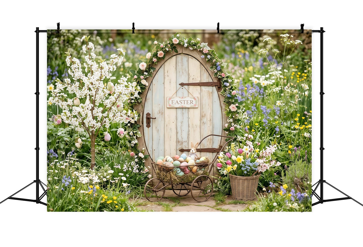 Easter Cottage Garden Backdrop Wildflower Bunny Door Egg Cart Easter Photo Backdrops CSH63-5