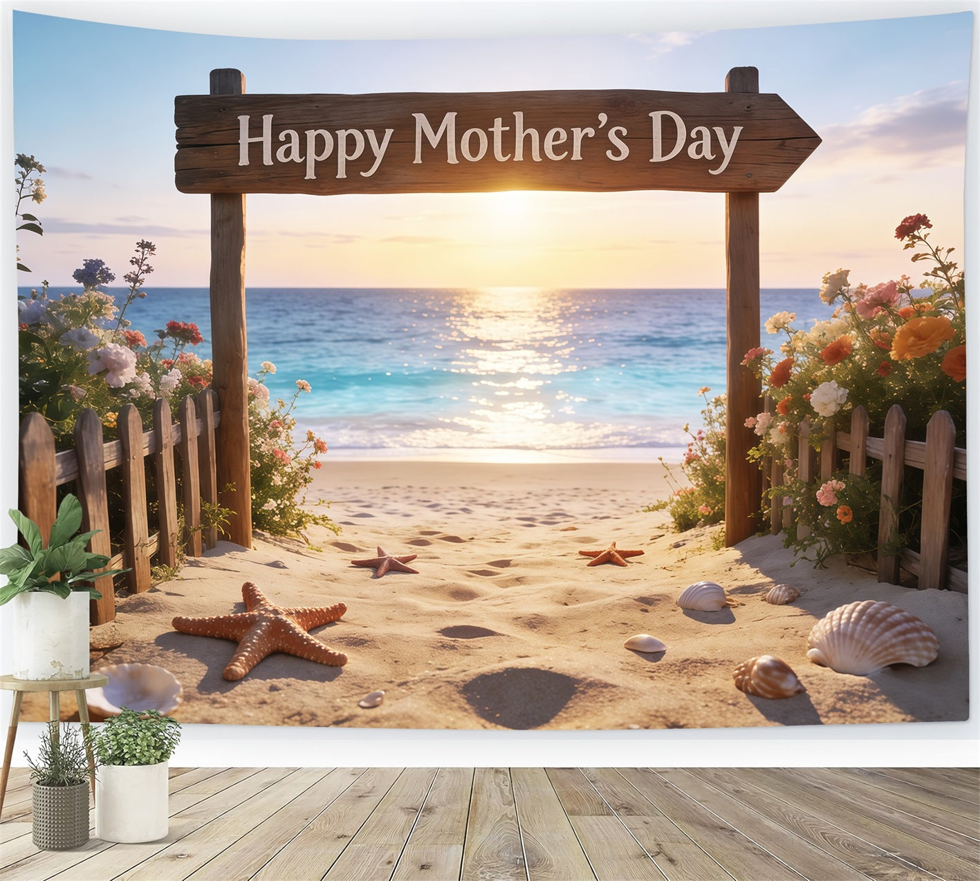 Mother’s Day Lettering Backdrop Sunset Beach Sign Floral Mother's Day Photo Backdrop CSH63-66