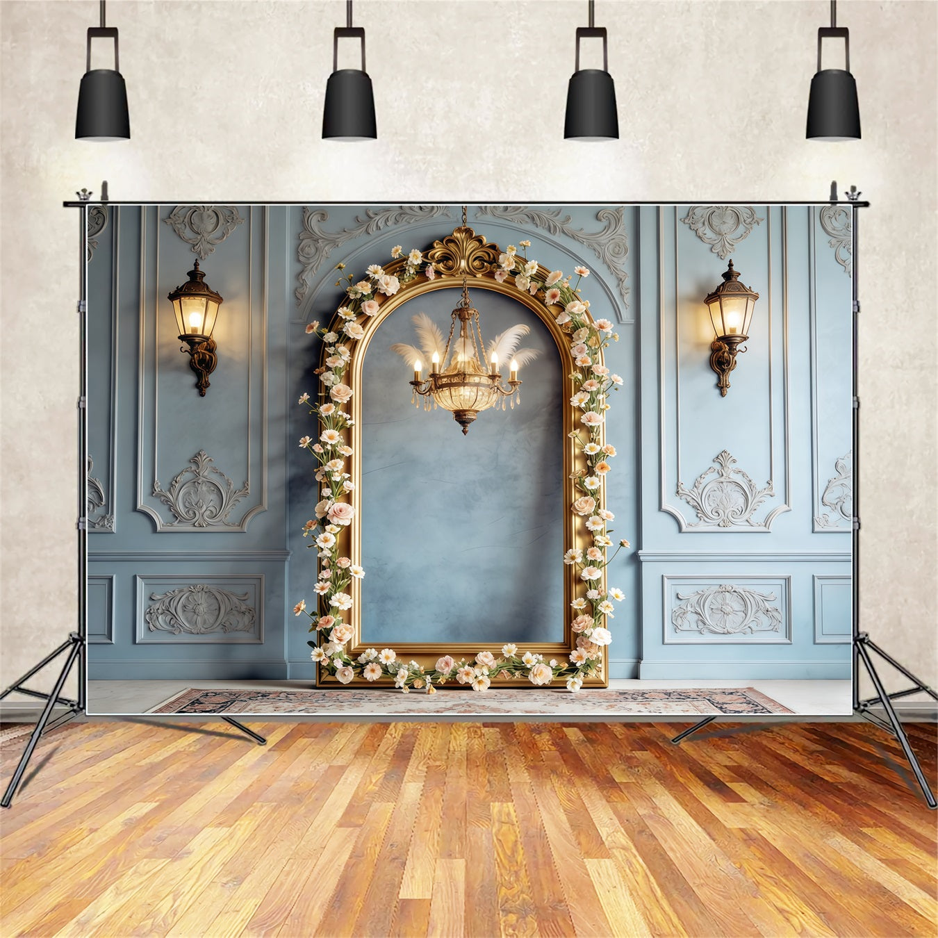 Photo Frame Mother's Day Backdrop Powder Blue Floral Arch Chandelier Mothers Day Photo Backdrop CSH63-78
