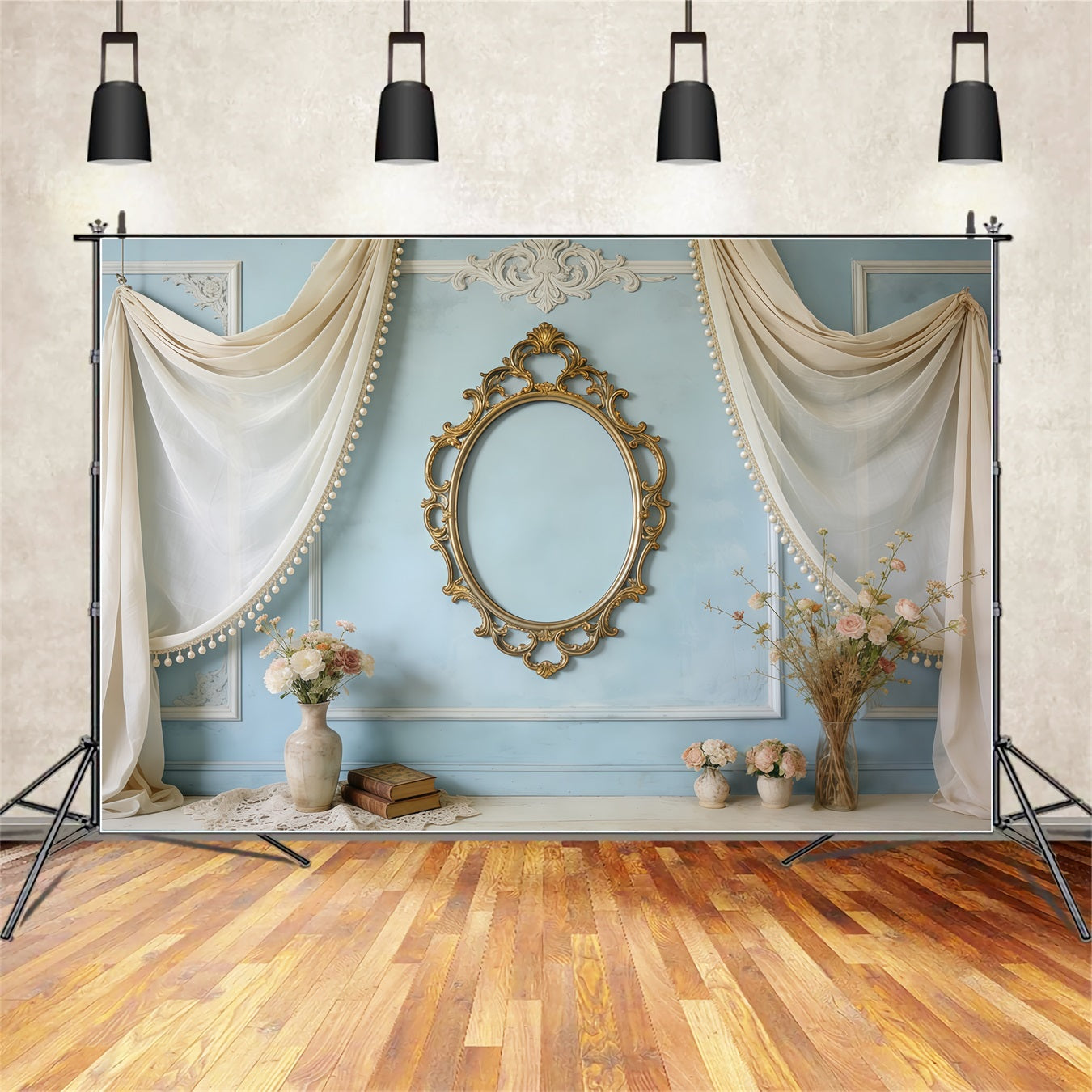 Photo Frame Mother's Day Backdrop Vintage Blue Mirror Floral Drapes Mothers Day Photo Backdrop CSH63-80