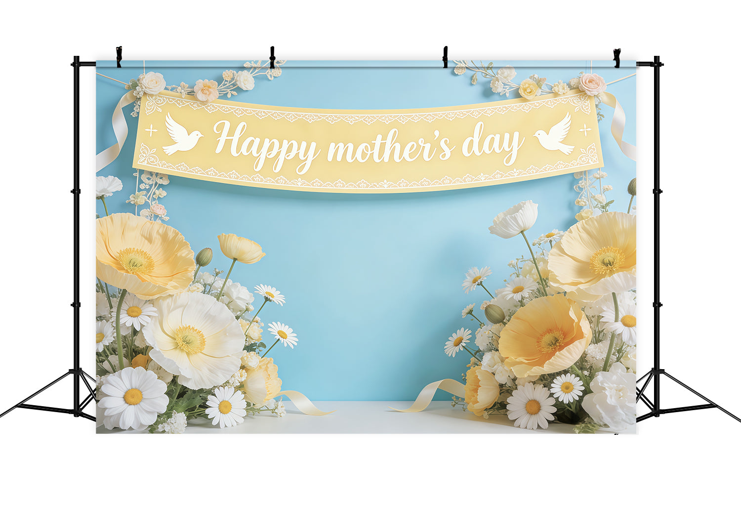 Mother's Day Backdrop For Church Blue Daisy Poppy Banner Photo Backdrops For Mothers Day CSH63-91