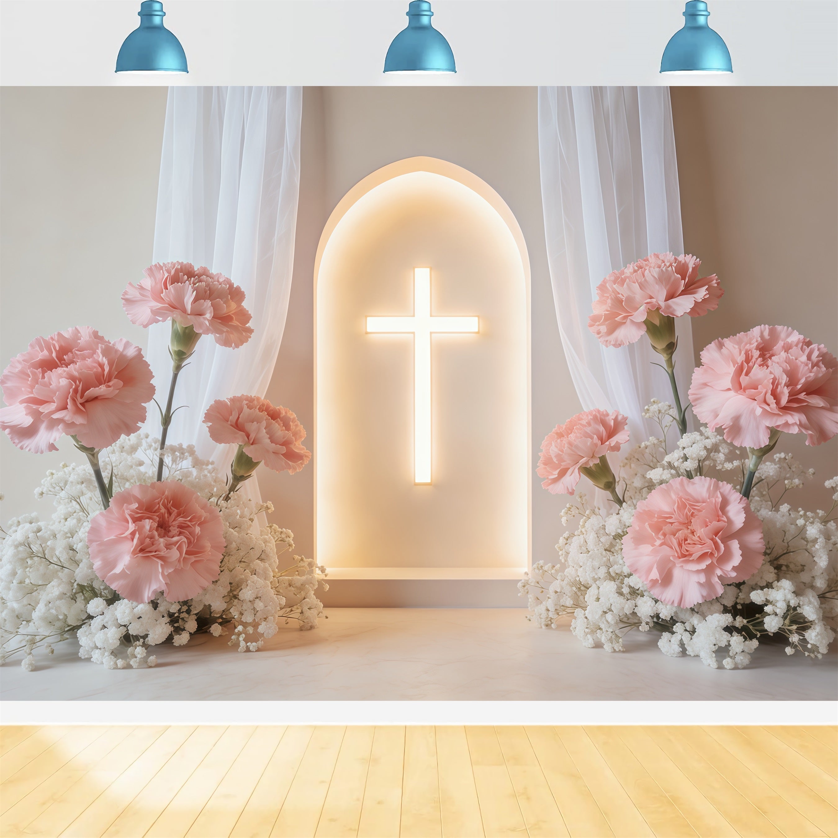 Mothers Day Backdrop For Church Glowing Carnation Cross Arch Backdrop Mother's Day CSH63-93