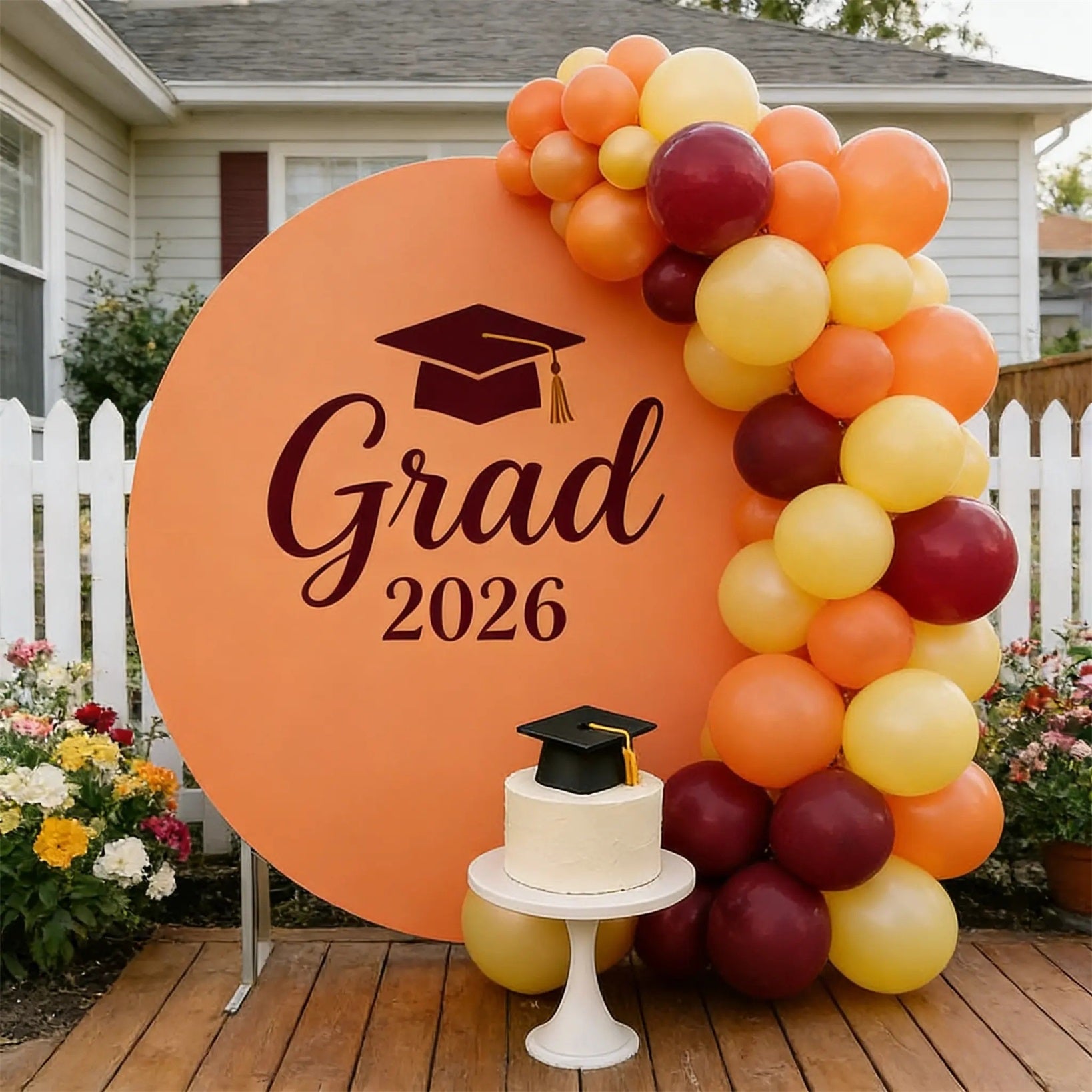 Graduation Party Backdrop Orange Maroon Grad 2026 Round Custom Graduation Party Backdrop CSH64-37