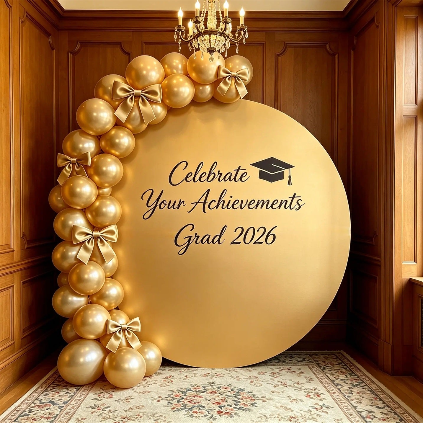 Reusable Graduation Backdrop Gold Black Celebrate Achievements Round Washable Graduation Backdrop CSH64-43