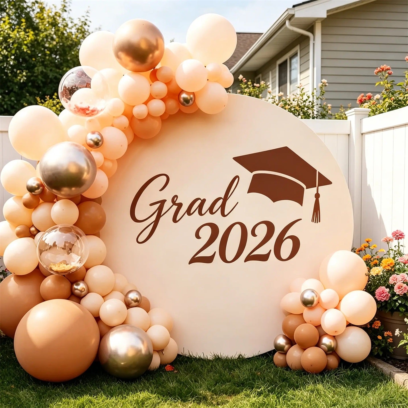Custom Graduation Backdrop Banner Beige Brown Grad 2026 Round Personalized Graduation Backdrop Banner CSH64-44