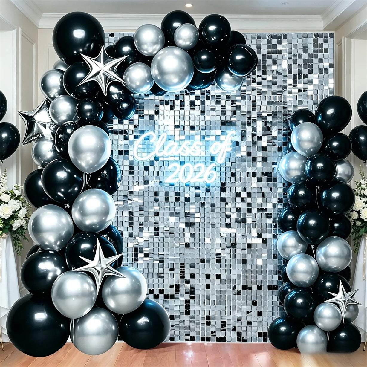 Graduation Shimmer Backdrop Reflective Shimmer Wall Class of 2026 Silver Graduation Backdrop CSH64-66