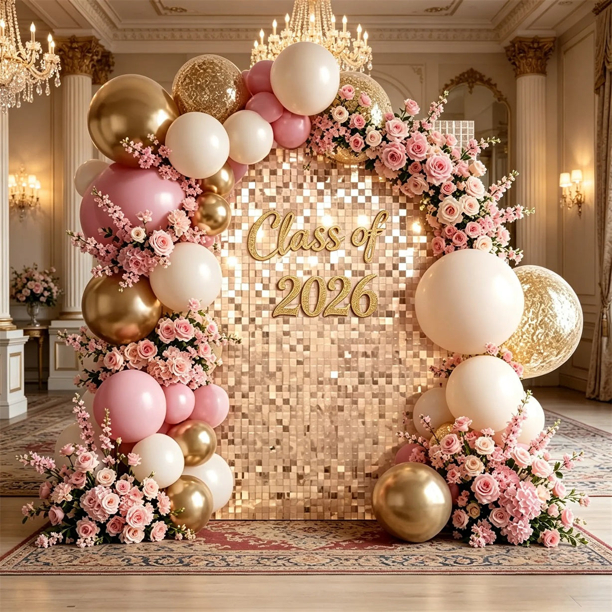 Graduation Shimmer Backdrop Class of 2026 Gold Text Pink Gold Shimmer Graduation Backdrop CSH64-69