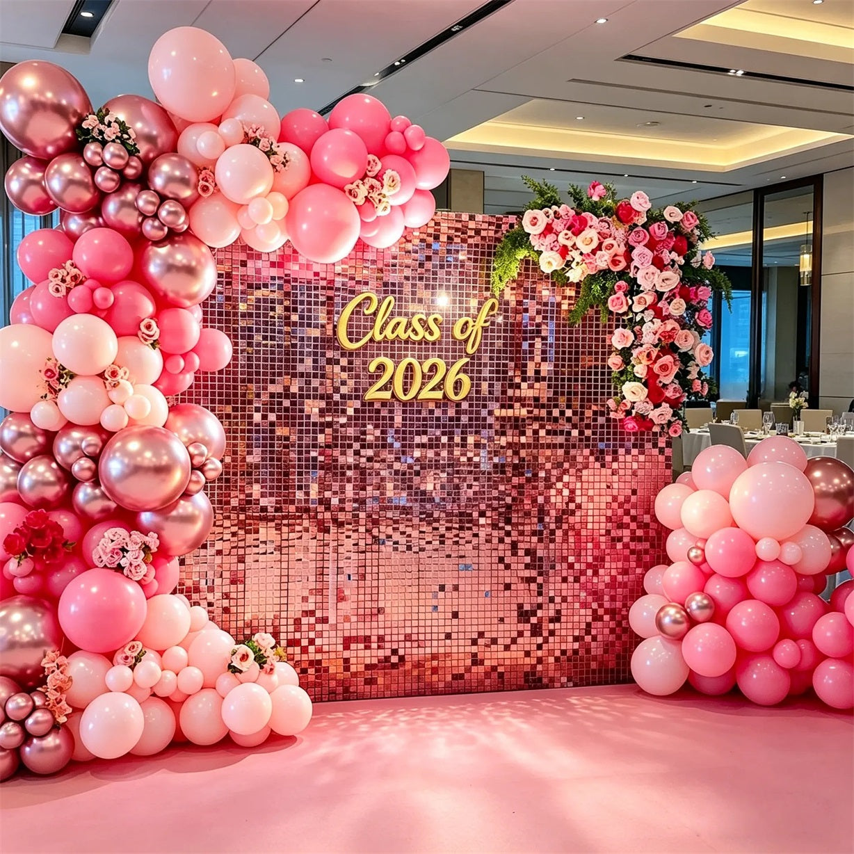 Graduation Shimmer Backdrop Soft Lighting Party Setup Pink Gold Graduation Sequin Backdrop CSH64-70