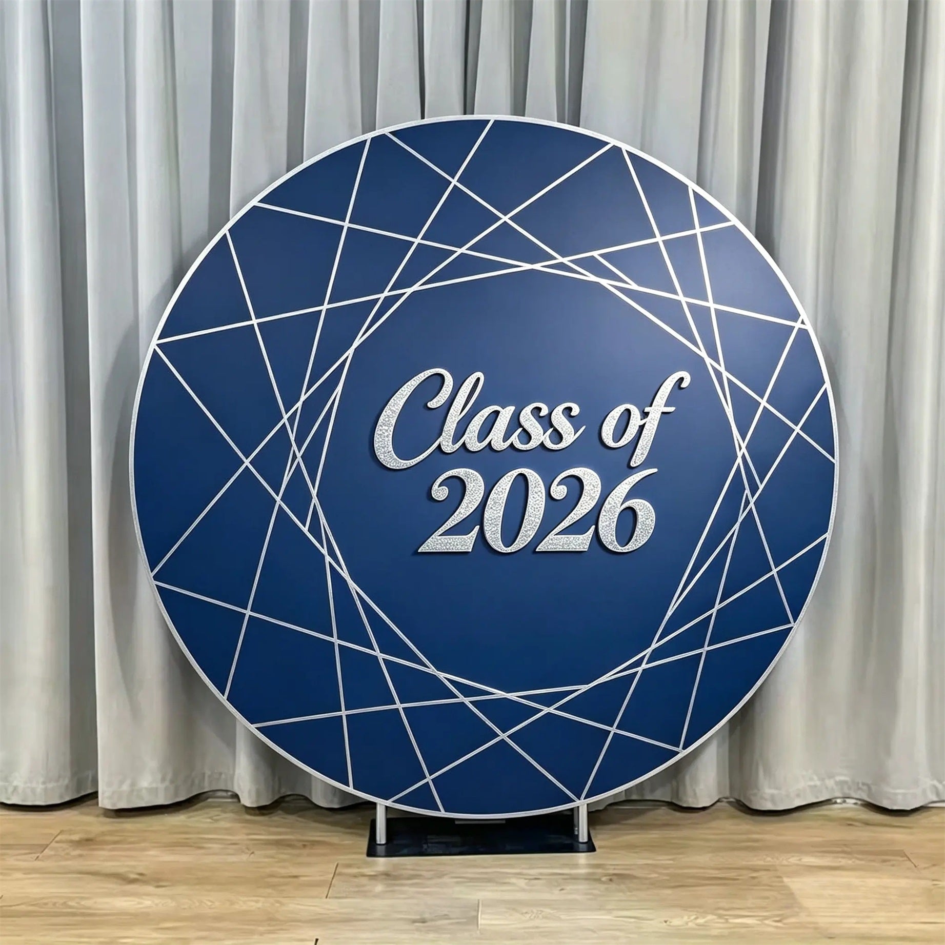 Round Graduation Backdrop Blue Silver Geometric Round Blue Silver Graduation Backdrop CSH64-75