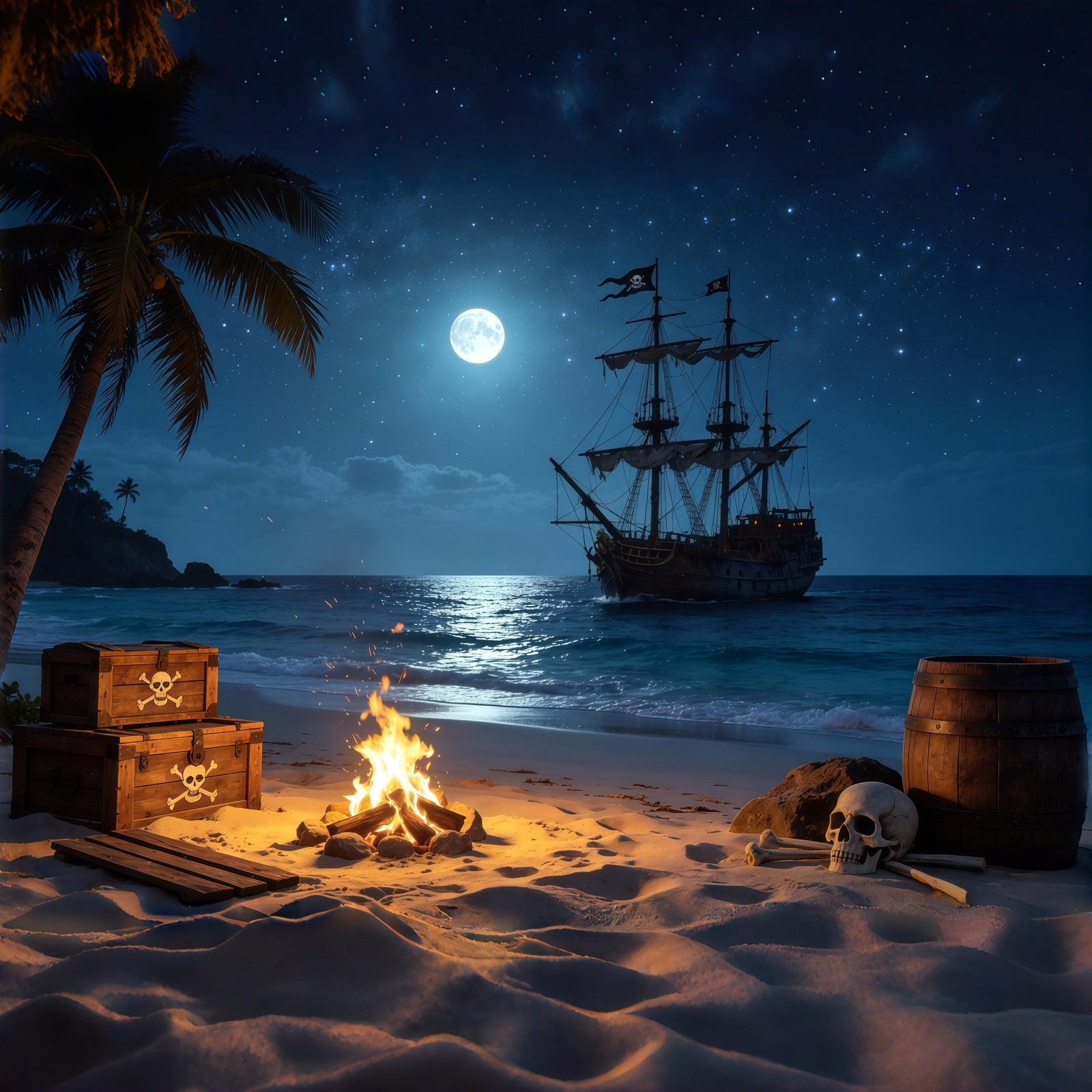 Caribbean Backdrop Tropical Pirate Beach Bonfire Treasure Summer Backdrops CSH64-79