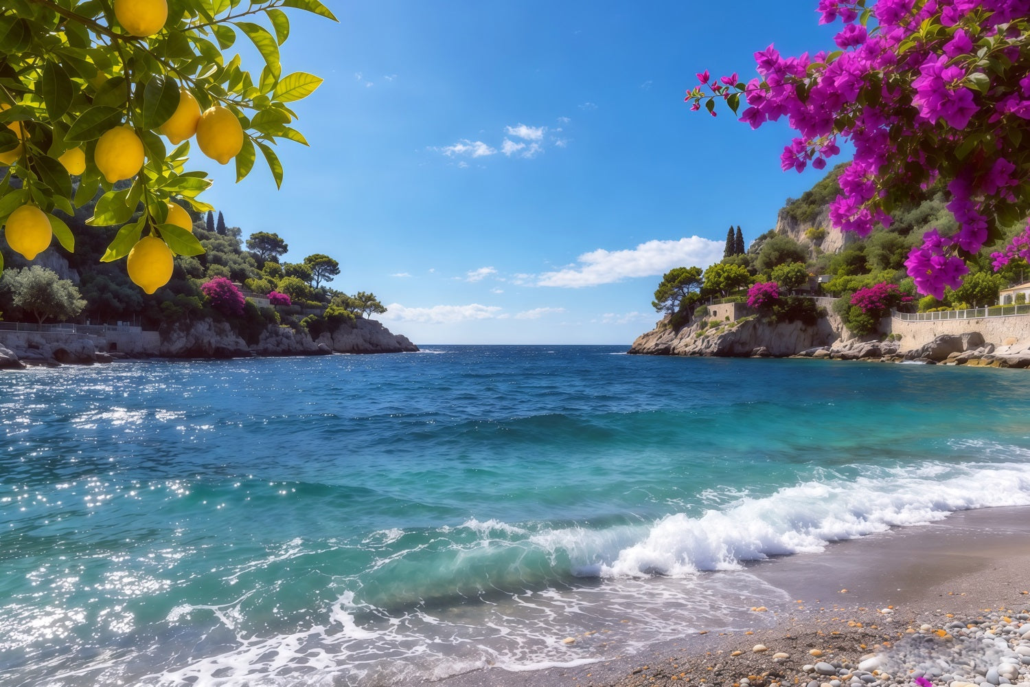 Amalfi Coast Backdrop Lemon Blossom Coastal Blue Cove Summer Photo Backdrop CSH64-80