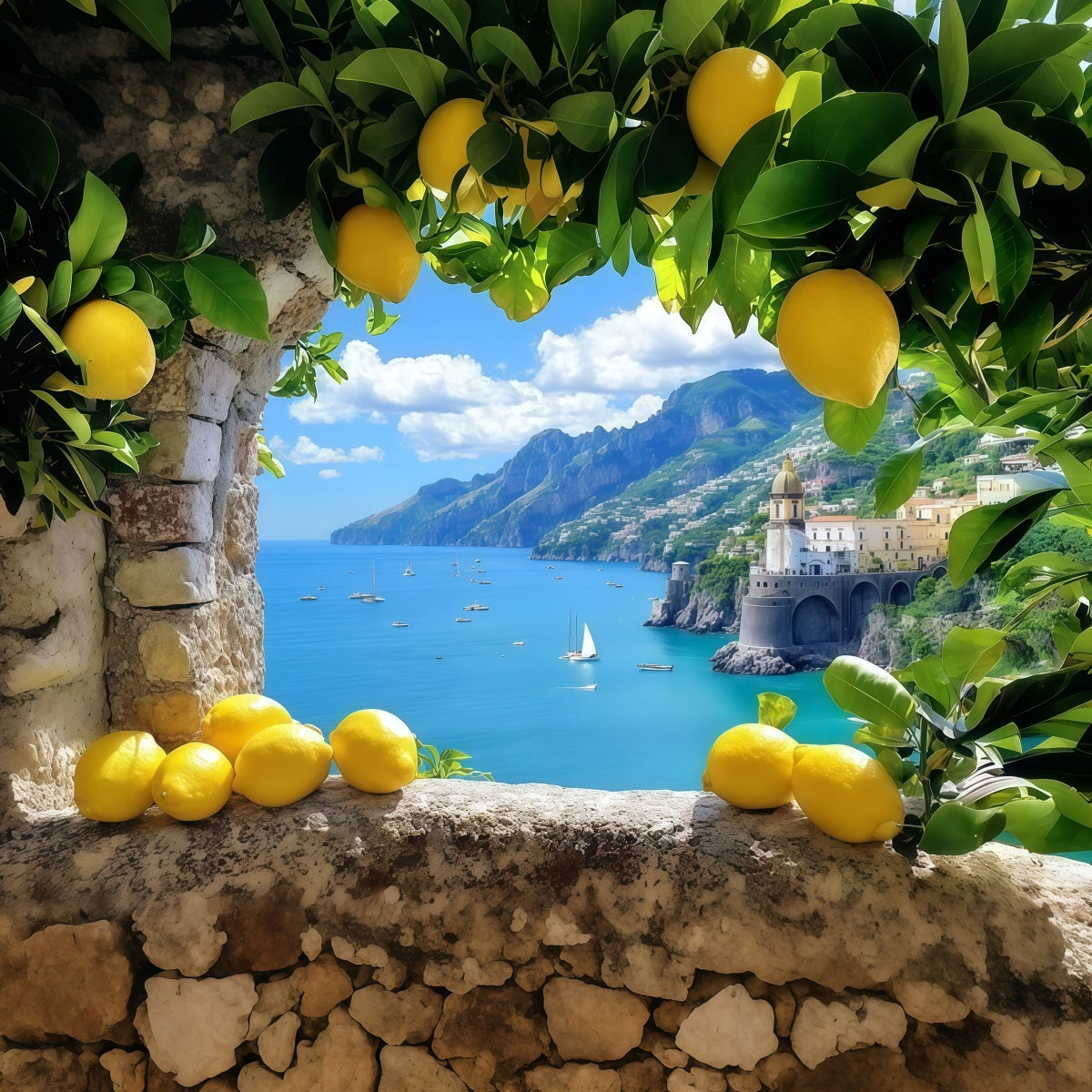 Amalfi Coast Backdrop Lemons Mediterranean Sea Scenery Summer Backdrop Ideas CSH64-81