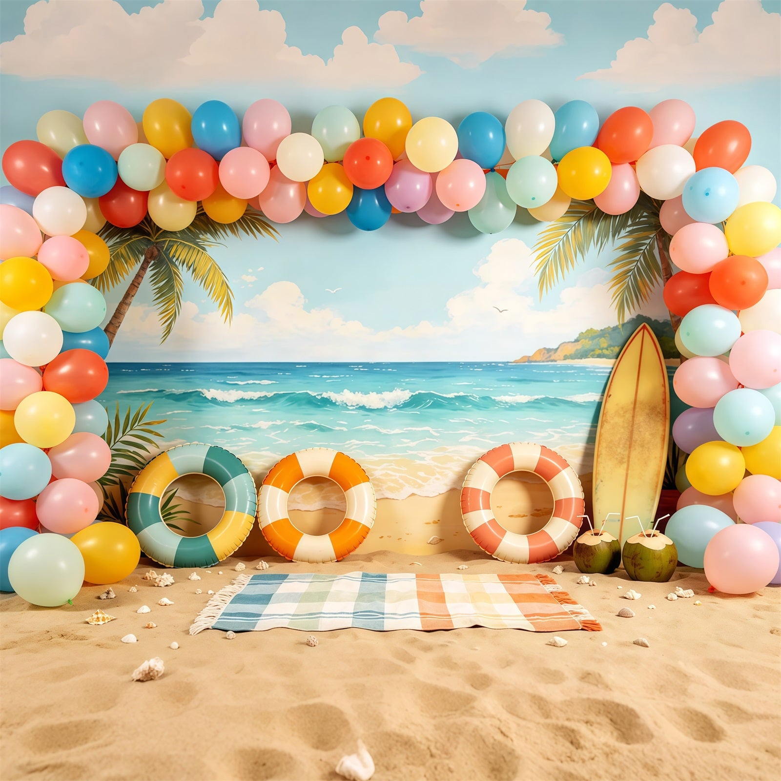 Beach Backdrop Pastel Balloon Arch Surfboard Summer Backdrop Ideas CSH64-84