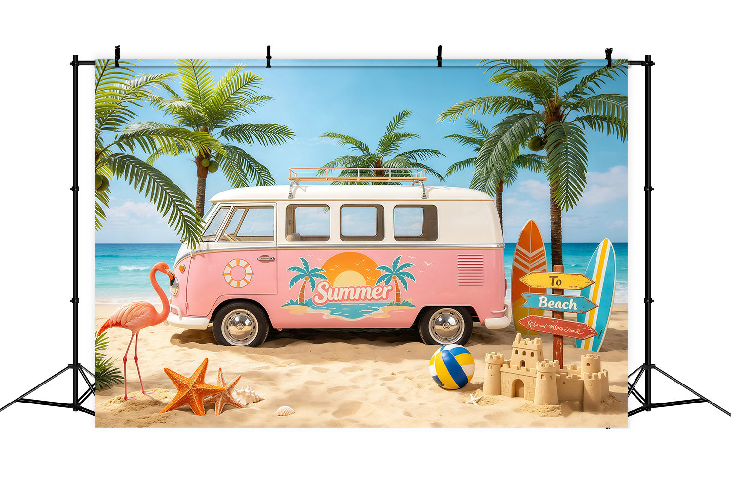 Beach Backdrop Sea Retro Van Palm Paradise Beach Photo Backdrop CSH64-85
