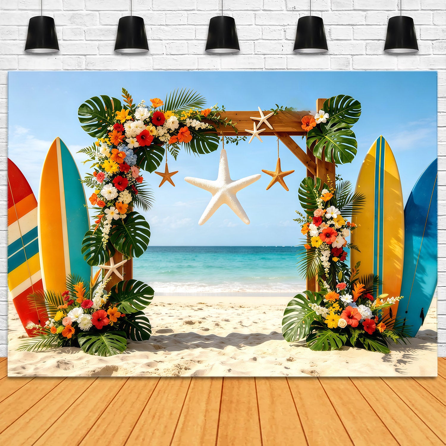 Beach Backdrop Tropical Surfboard Floral Starfish Arch Summer Photo Backdrop CSH64-86