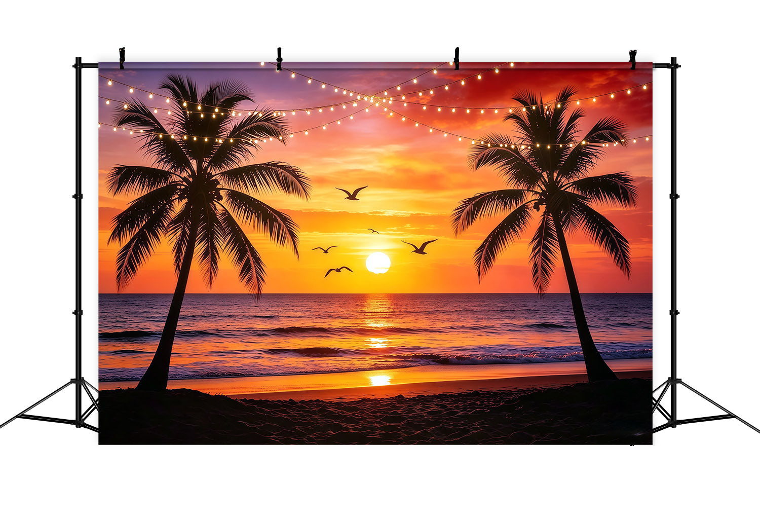 Beach Backdrop Sunset Palm String Light Sea Beach Backdrop For Photos CSH64-87