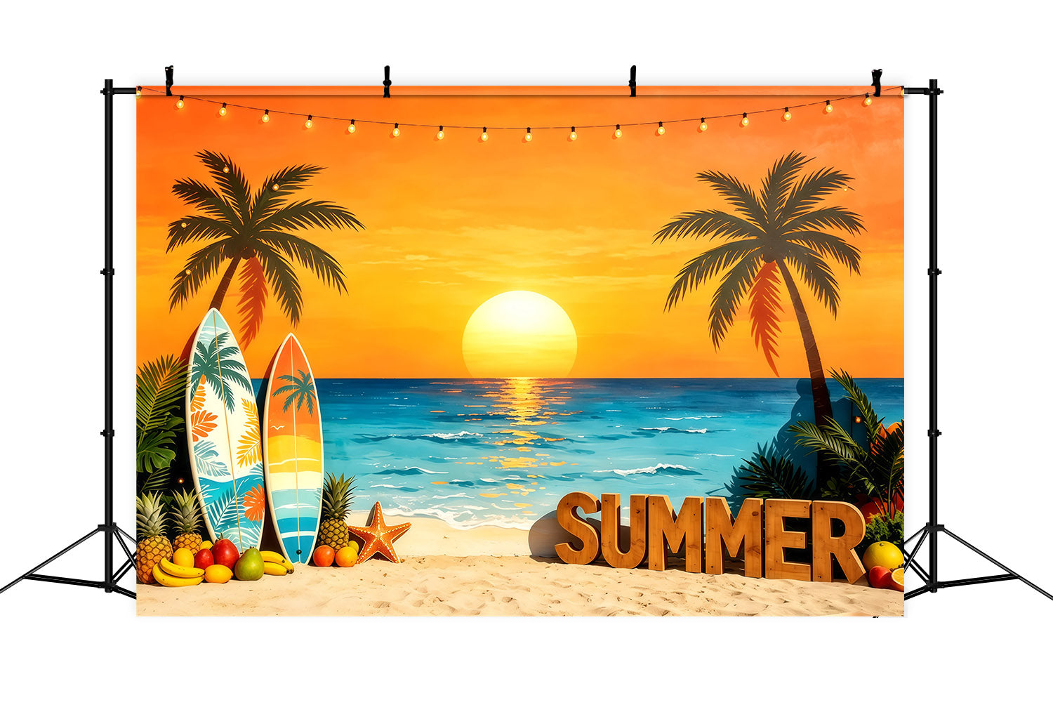 Beach Backdrop Sunset Surfboard Tropical Fruit Beach Summer Photo Backdrop CSH64-90