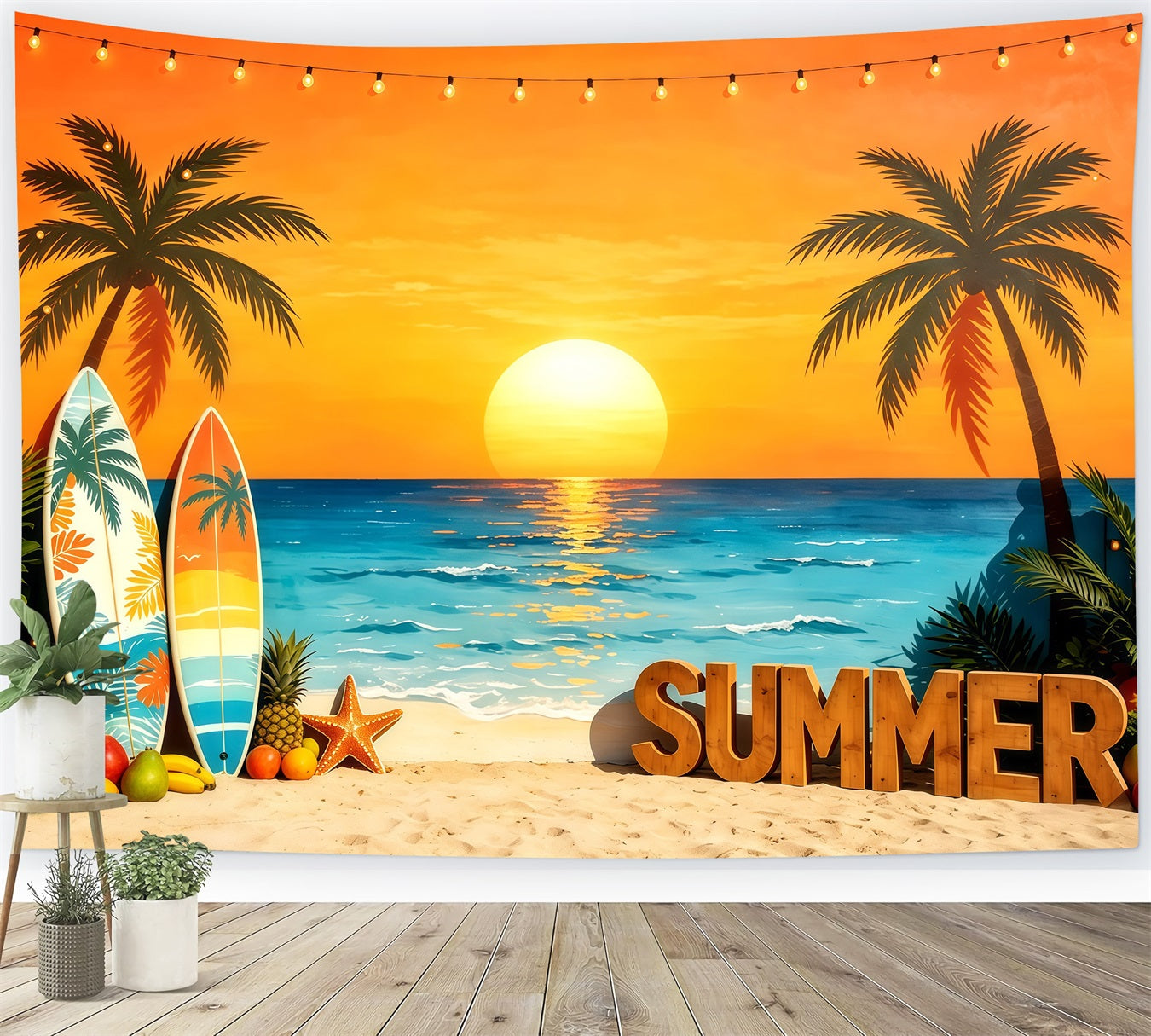 Beach Backdrop Sunset Surfboard Tropical Fruit Beach Summer Photo Backdrop CSH64-90