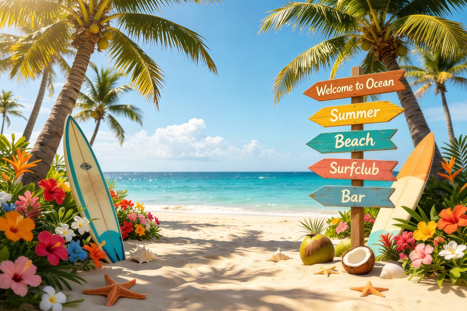 Beach Backdrop Tropical Signpost Surfboard Flower Beach Summer Backdrop Ideas CSH64-91