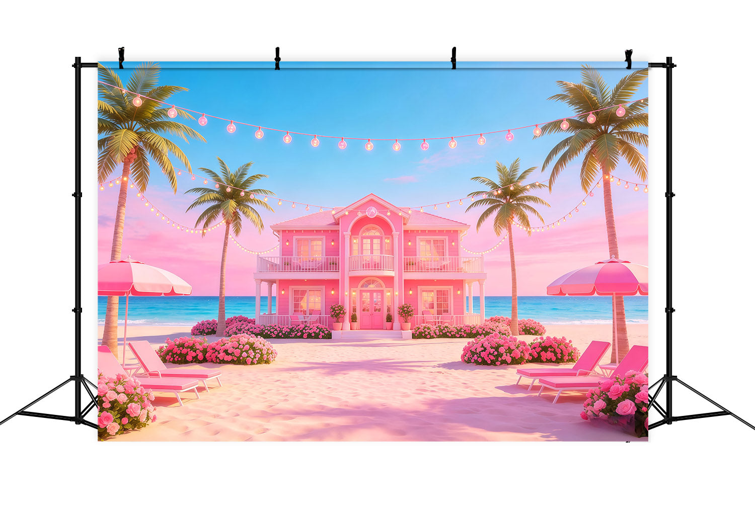 Beach Backdrop Pink Coastal Villa String Lights Beach Photo Backdrop CSH64-92