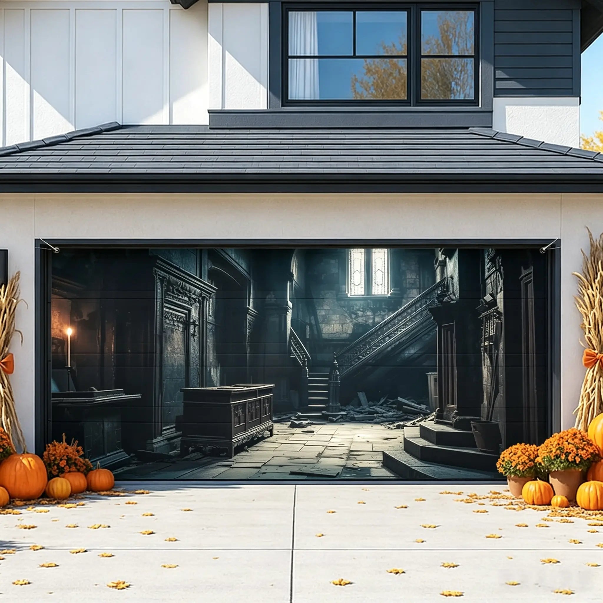 Halloween Creepy Backdrop Abandoned Gothic Staircase Hall Halloween Garage Door Cover CSH67-11
