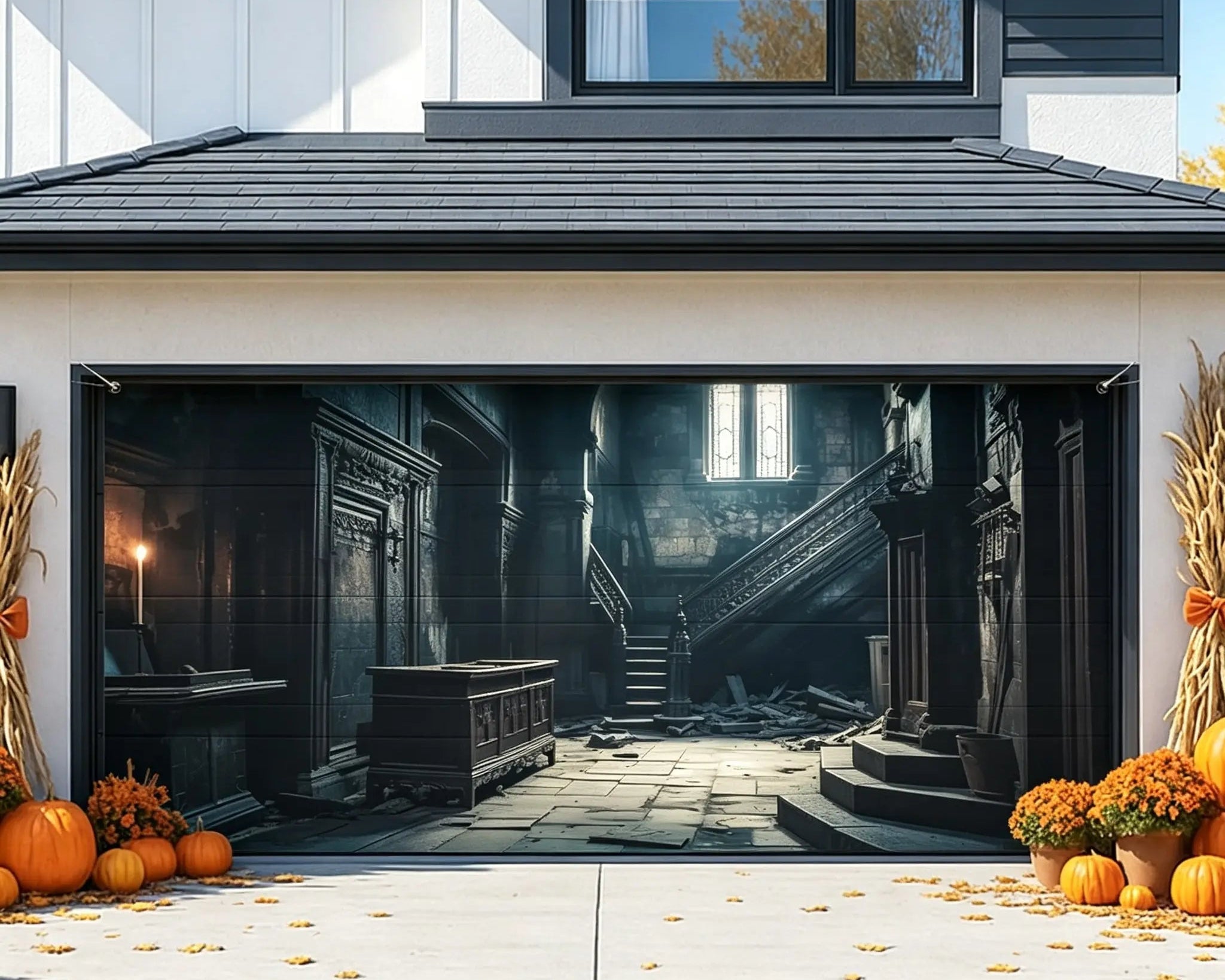 Halloween Creepy Backdrop Abandoned Gothic Staircase Hall Halloween Garage Door Cover CSH67-11-2 car