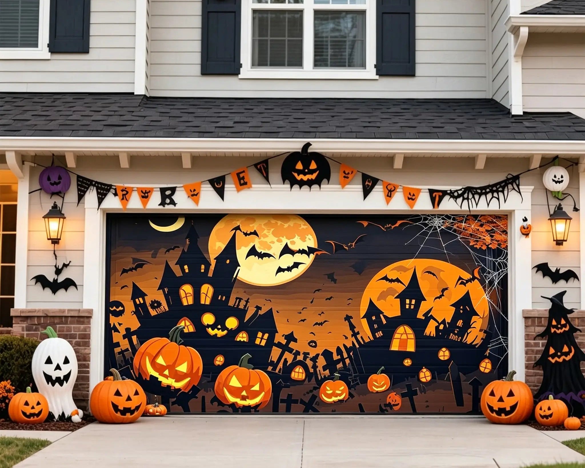 Halloween Backdrop Moonlit Pumpkin Haunted Village Halloween Garage Door Decorations CSH67-12-2 car