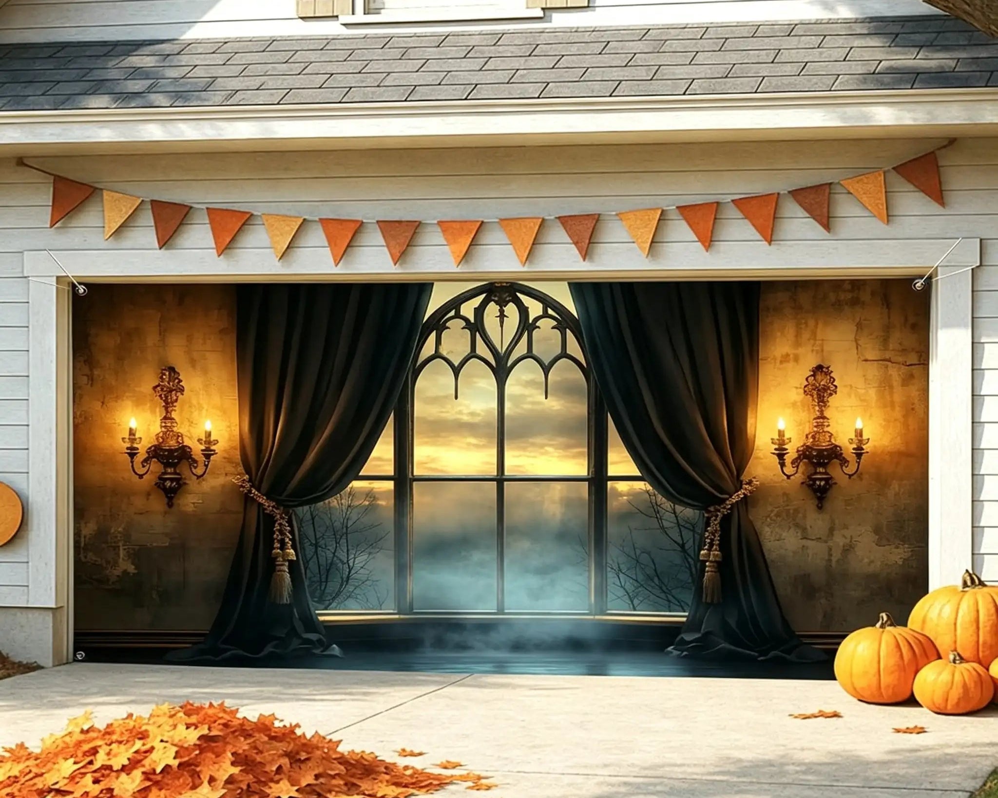 Halloween Backdrop Ideas Candlelit Gothic Window Chamber Outdoor Halloween Garage Door Banner CSH67-14-2 car