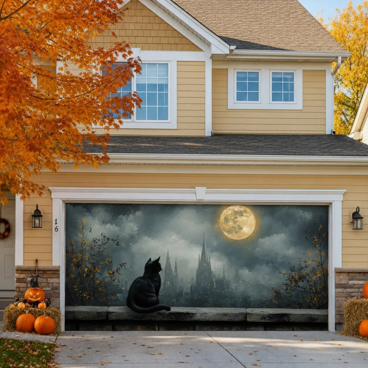 Halloween Moonlit Black Cat Castle Halloween Garage Door Banner CSH67-15