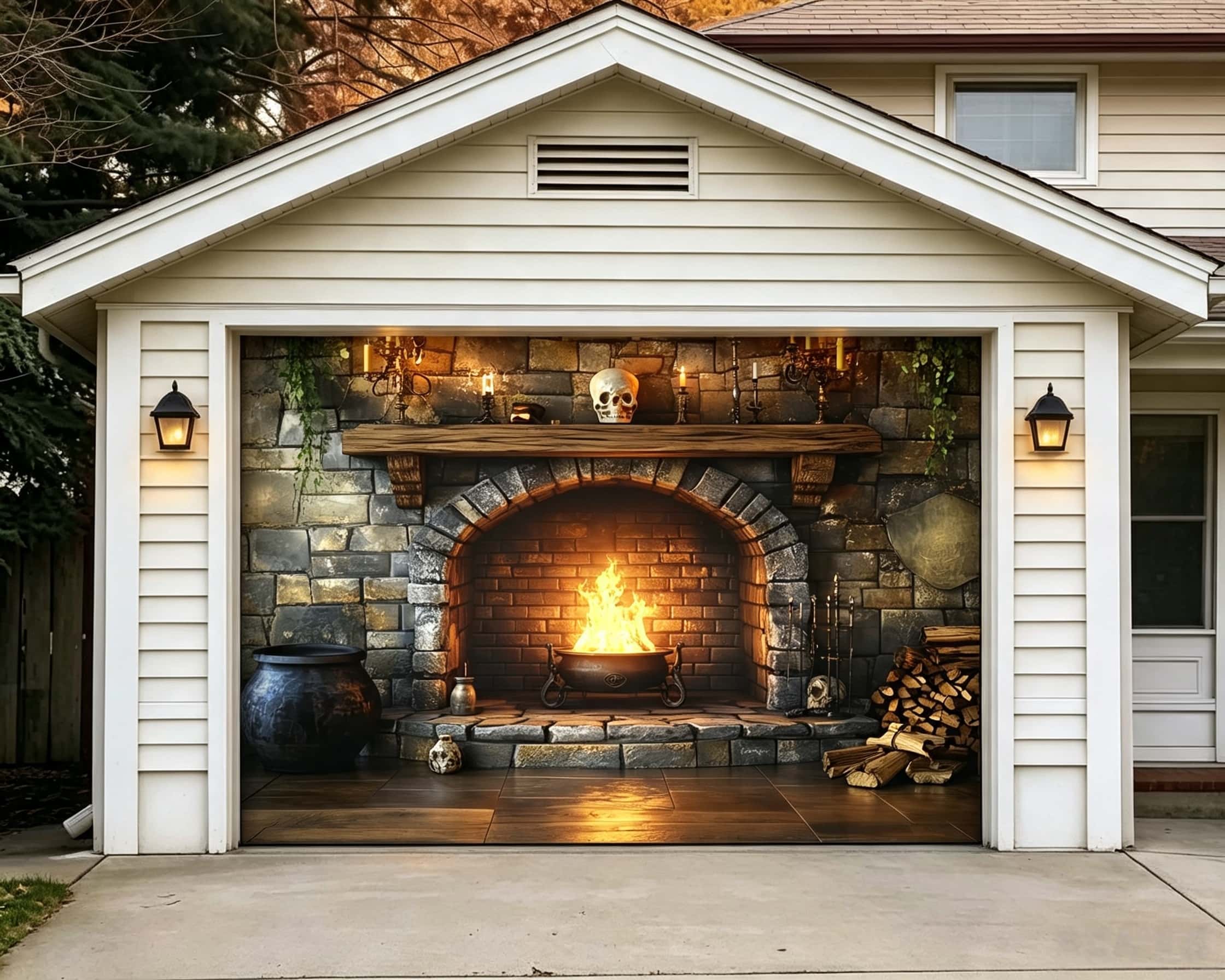 Halloween Fireplace Skull Mantel Flaming Cauldron Garage Door Decor CSH67-18-1 car