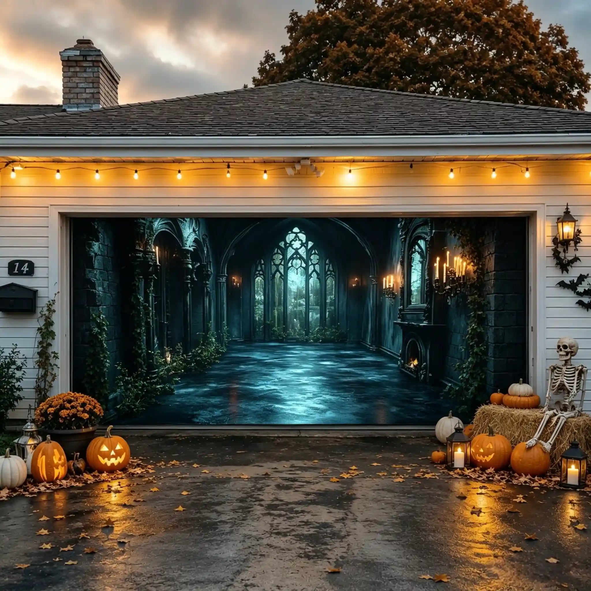 Spooky Halloween Backdrop Candlelit Gothic Ivy Hall Halloween Garage Door Decorations CSH67-2