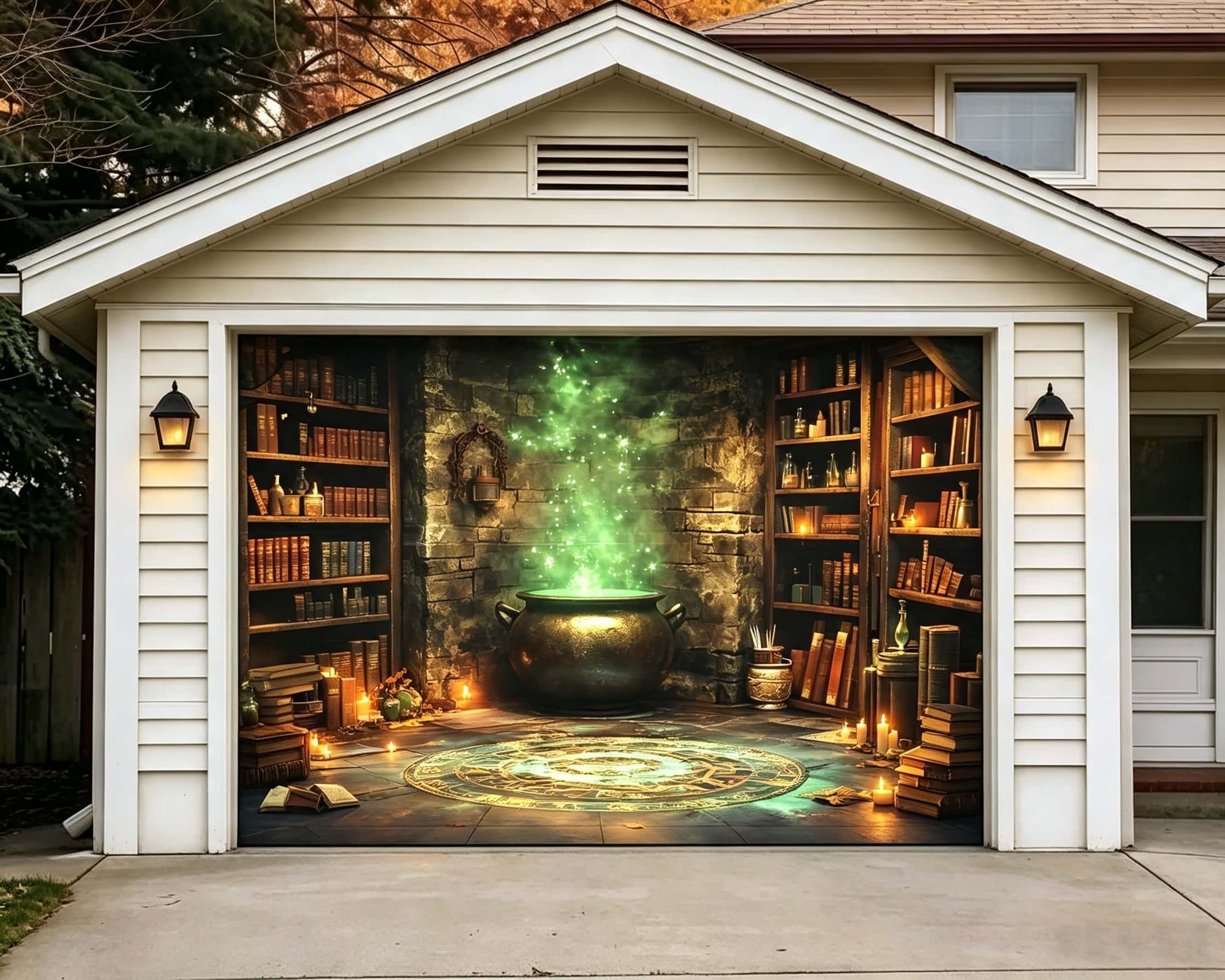 Halloween Glowing Cauldron Magic Library Garage Door Cover CSH67-21-1 car