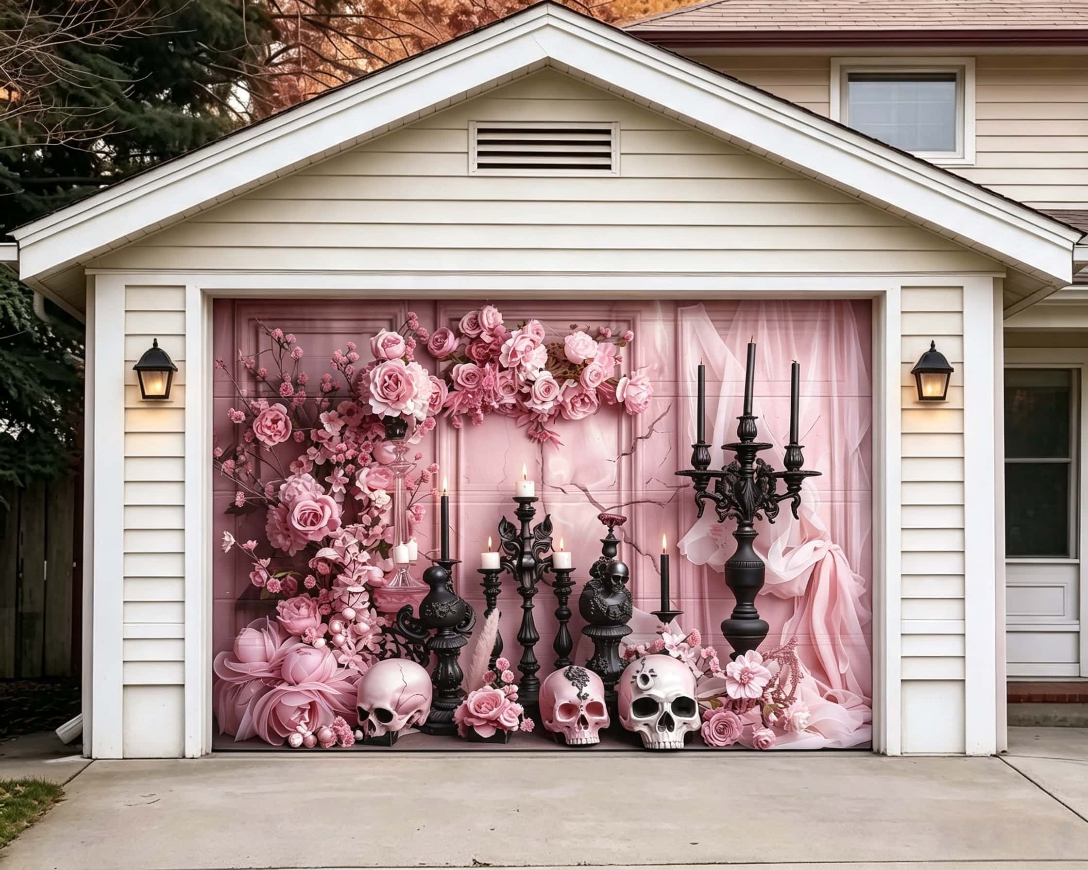 Scary Halloween Pink Rose Skull Candelabra Garage Door Cover CSH67-31-1 car