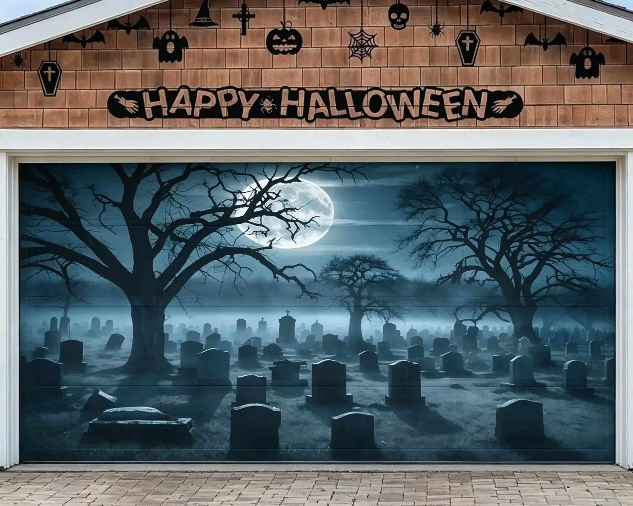 Creepy Graveyard Backdrop Moonlit Twisted Tree Graveyard Halloween Garage Door Cover CSH67-6-2 car