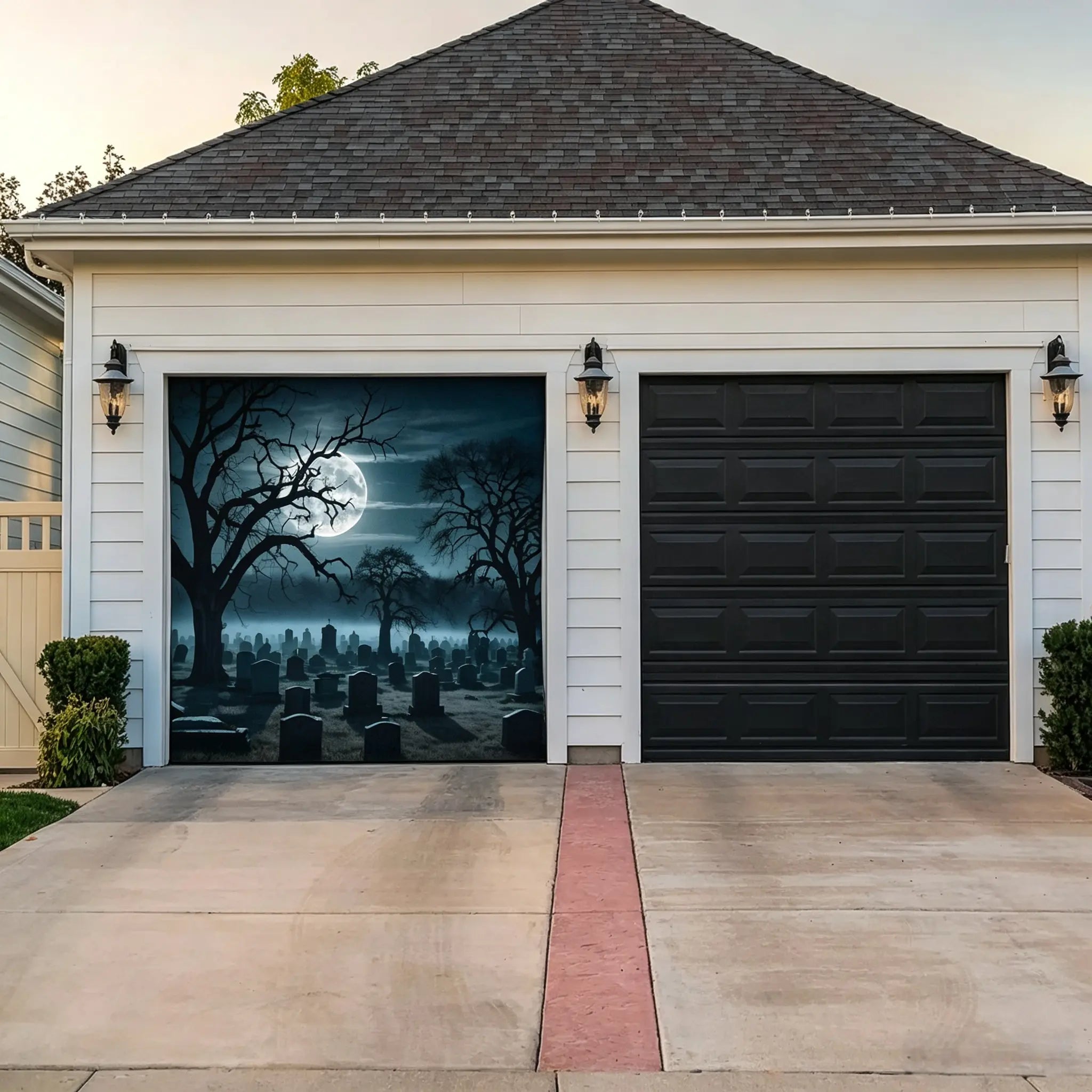 Creepy Graveyard Backdrop Moonlit Twisted Tree Graveyard Halloween Garage Door Cover CSH67-6