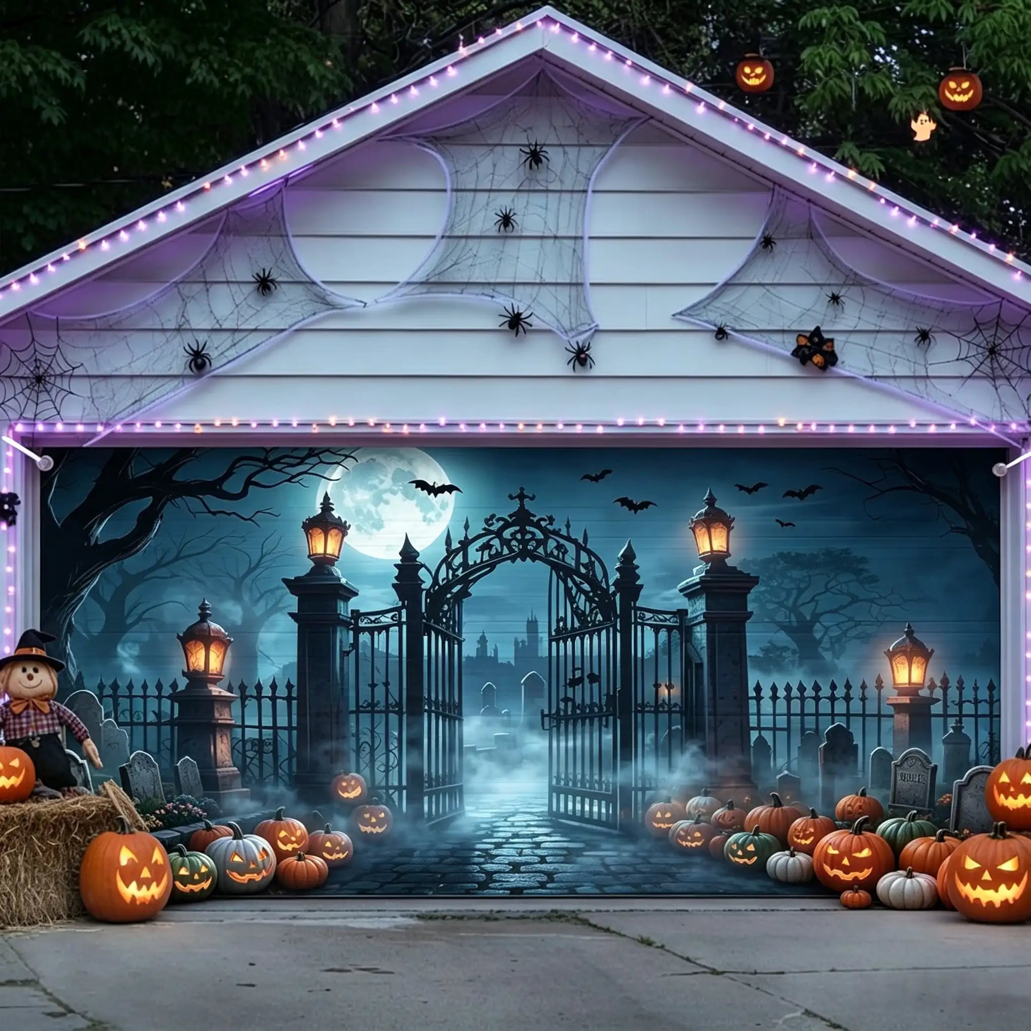 Halloween Backdrop Moonlit Pumpkin Cemetery Gateway Halloween Garage Door Decor CSH67-8