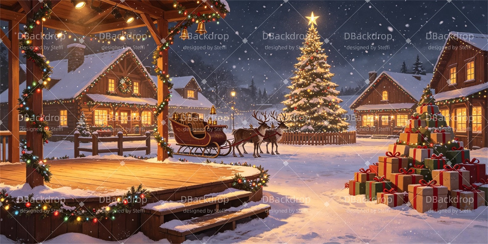 Stage Backdrops For Sale Snowy Sleigh Village Theater Backdrop CSH67-T30