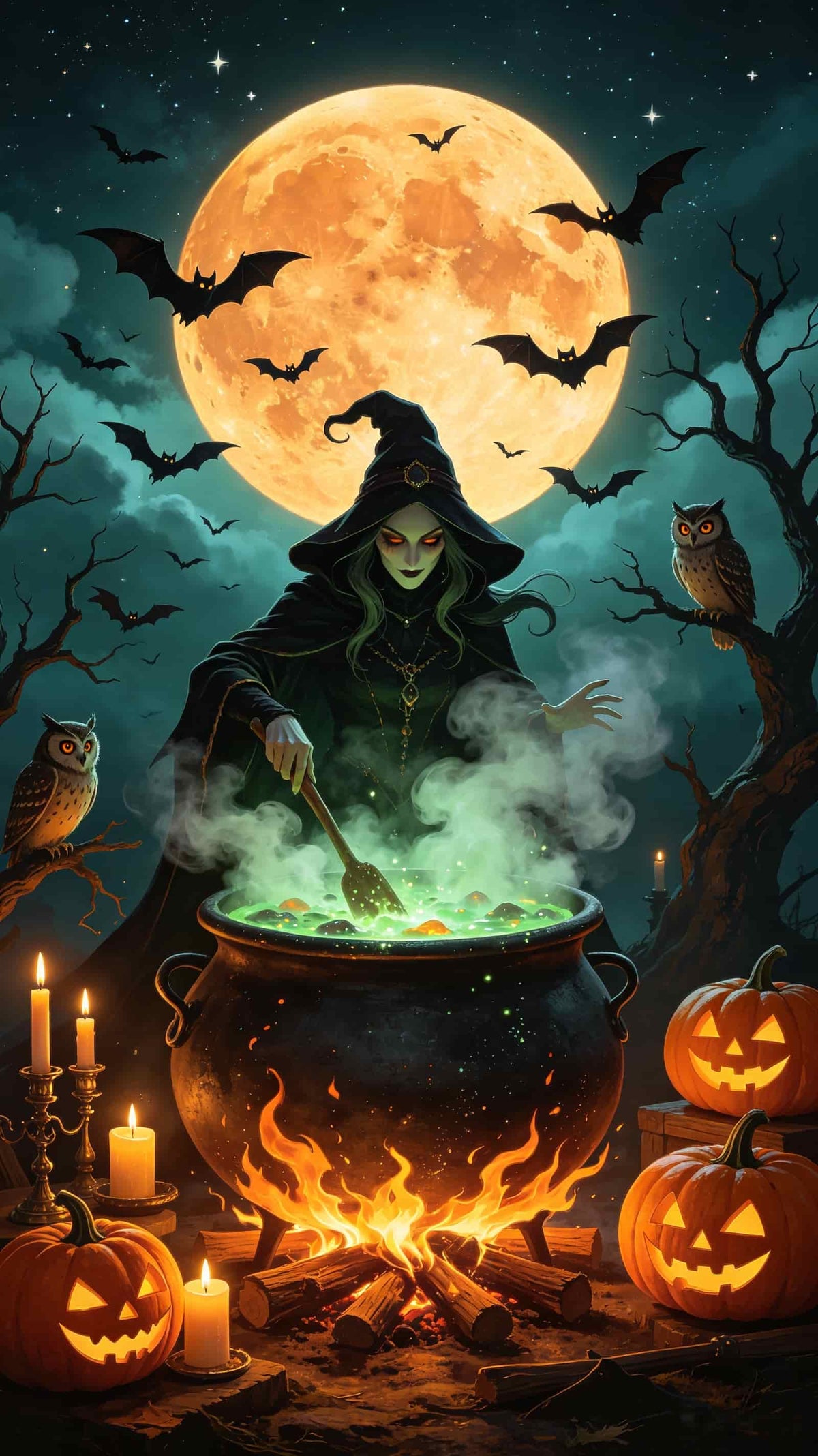 Witch Cauldron Door Full Moon Glowing Pumpkins Halloween Bedroom Door Mural CSH68-27