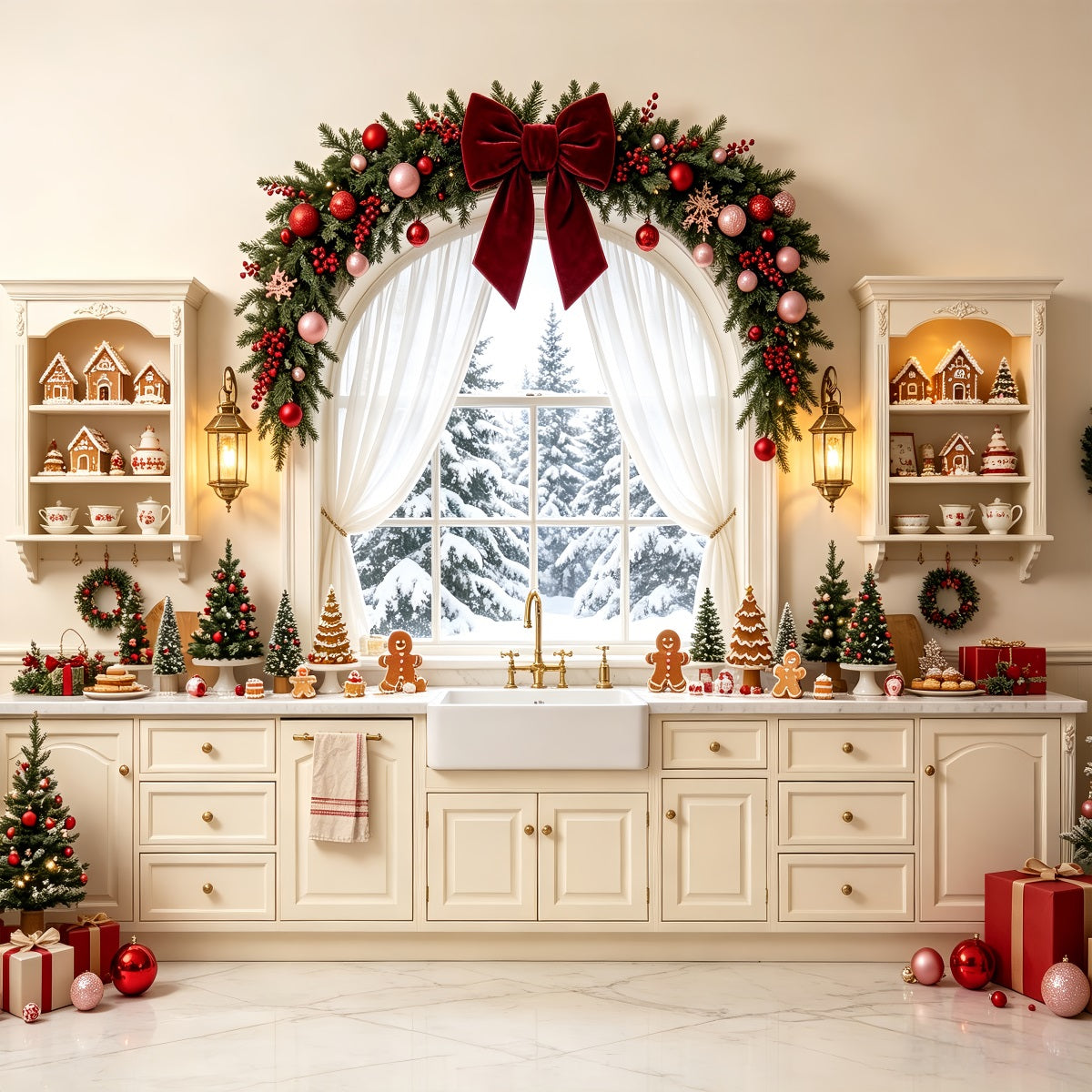 Christmas Kitchen Backdrop Snowy Fireplace Garland Christmas Studio Backdrops CSH68-76