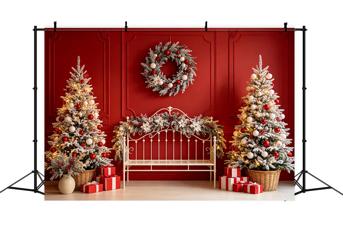 Christmas Headboard Backdrop Red Bench Frosted Trees Christmas Muslin Backdrop CSH68-80