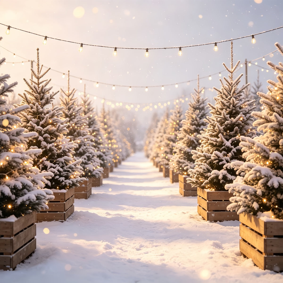 Christmas Tree Farm Backdrop Snowy Pine Light Path Photo Backdrop Christmas CSH68-97