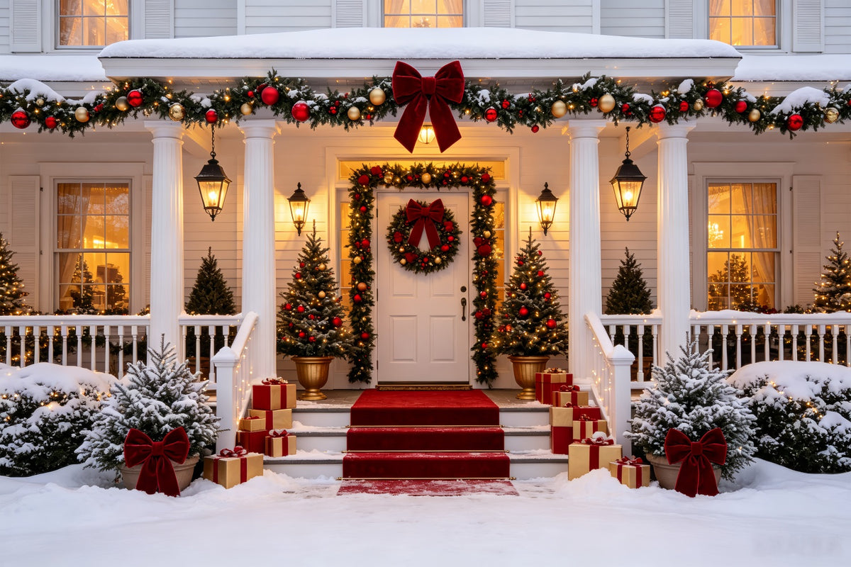 Christmas House Backdrop Elegant Snowy Porch Entrance Wall Christmas Backdrop CSH69-16