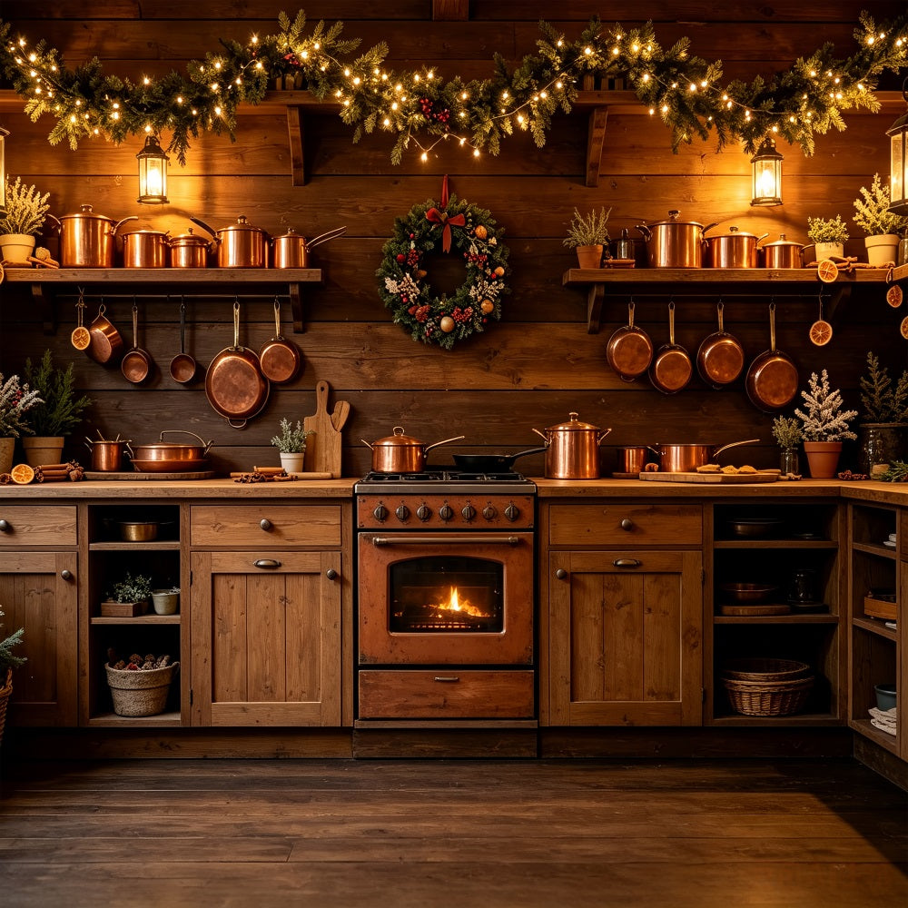 Christmas Kitchen Backdrop Rustic Copper Lights Hearth Wall Backdrop Christmas CSH69-21